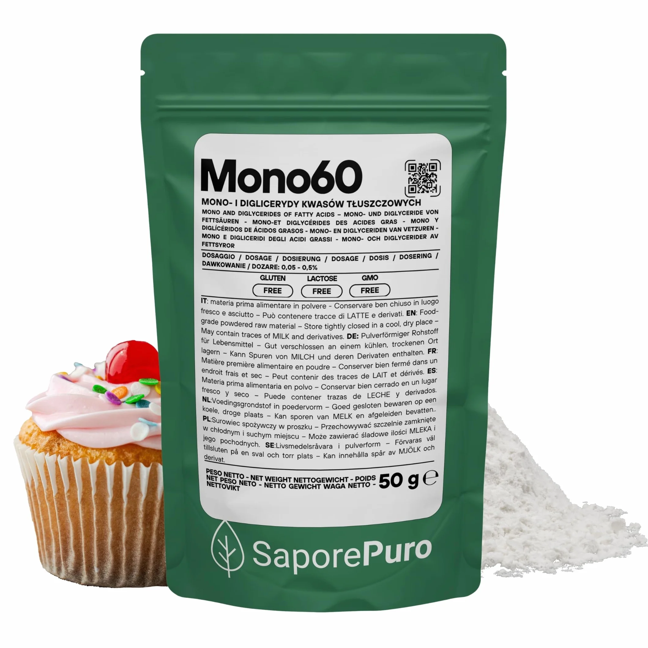 SaporePuro Mono60 – Mono- i Diglicerydy Kwasów Tłuszczowych 50 g – Roślinny, Bezglutenowy Emulgator Spożywczy do Lodów, Sorbetów, Margaryn, Kremów i Wyrobów Cukierniczych