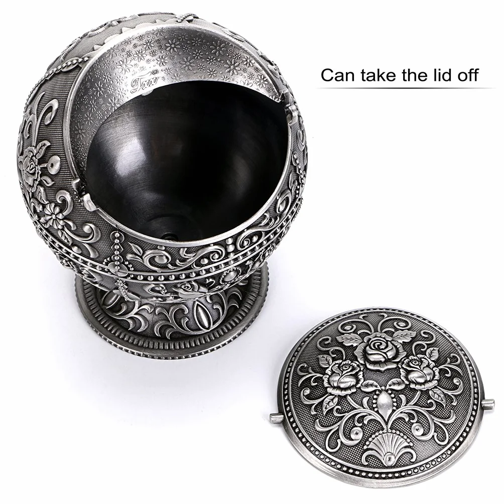 BSTKY Windfester Vintage-Aschenbecher mit Deckel - Klassisches Burgenmuster, Tisch-Aschenbecher, für drinnen und draußen, Retro, für zu Hause, Büro, als Dekoration silber
