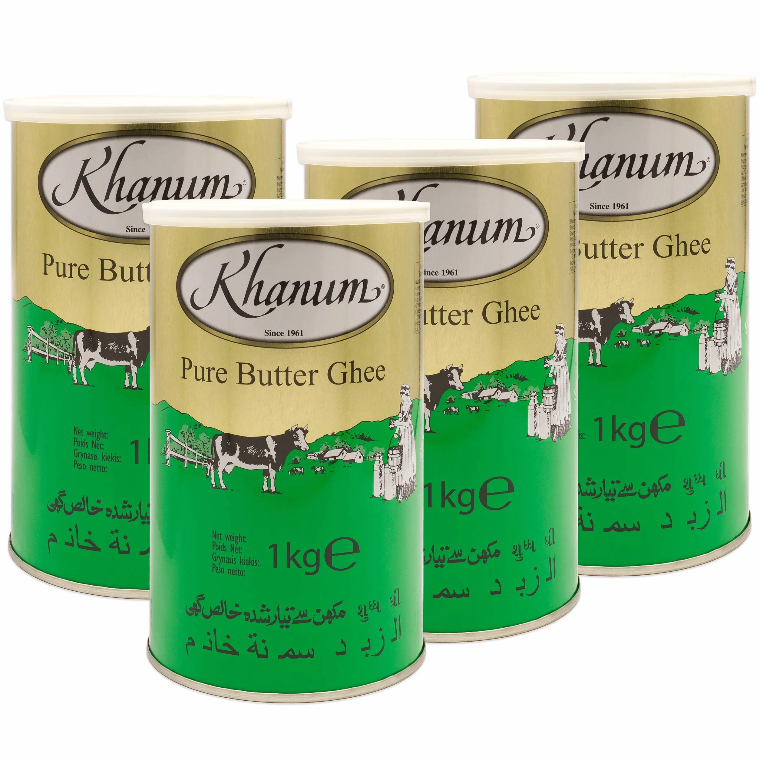 Khanum Pure Butter Ghee - najlepszy tłuszcz do smażenia i gotowania, zestaw 4 sztuk, puszka 1 kg