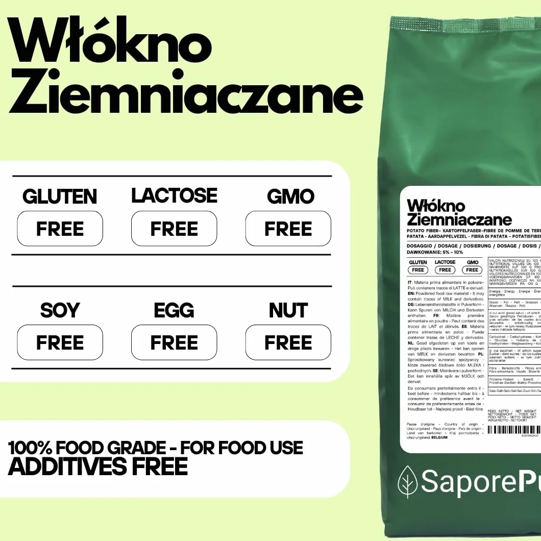SaporePuro Błonnik ziemniaczany 1 kg - Błonnik spożywczy - Zagęszczacz, emulgator i naturalny stabilizator - Idealny do wypieków, lodów i sosów - Bezglutenowy