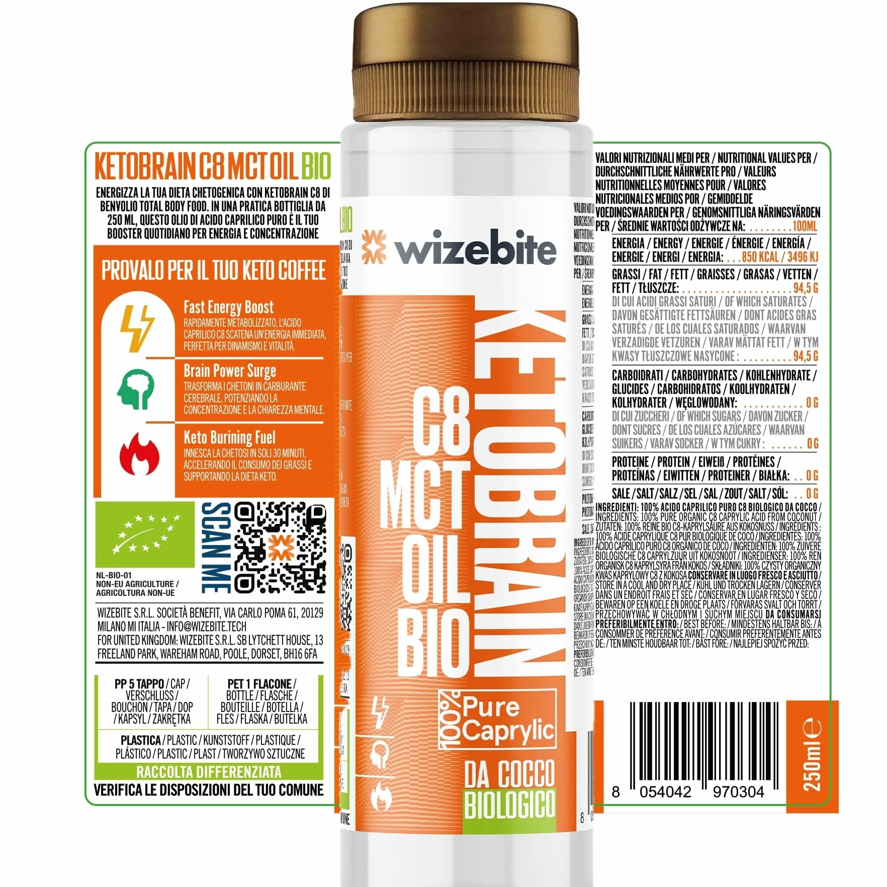 WIZEBITE - Organiczny Czysty Olej MCT C8 Squeeze KetoBrain | 250ml | 100% Kwas Kaprylowy z Oleju Kokosowego | Energia dla Umysłu, Wsparcie dla Diety Keto, Paleo i Metabolizmu Tłuszczu, Bulletproof