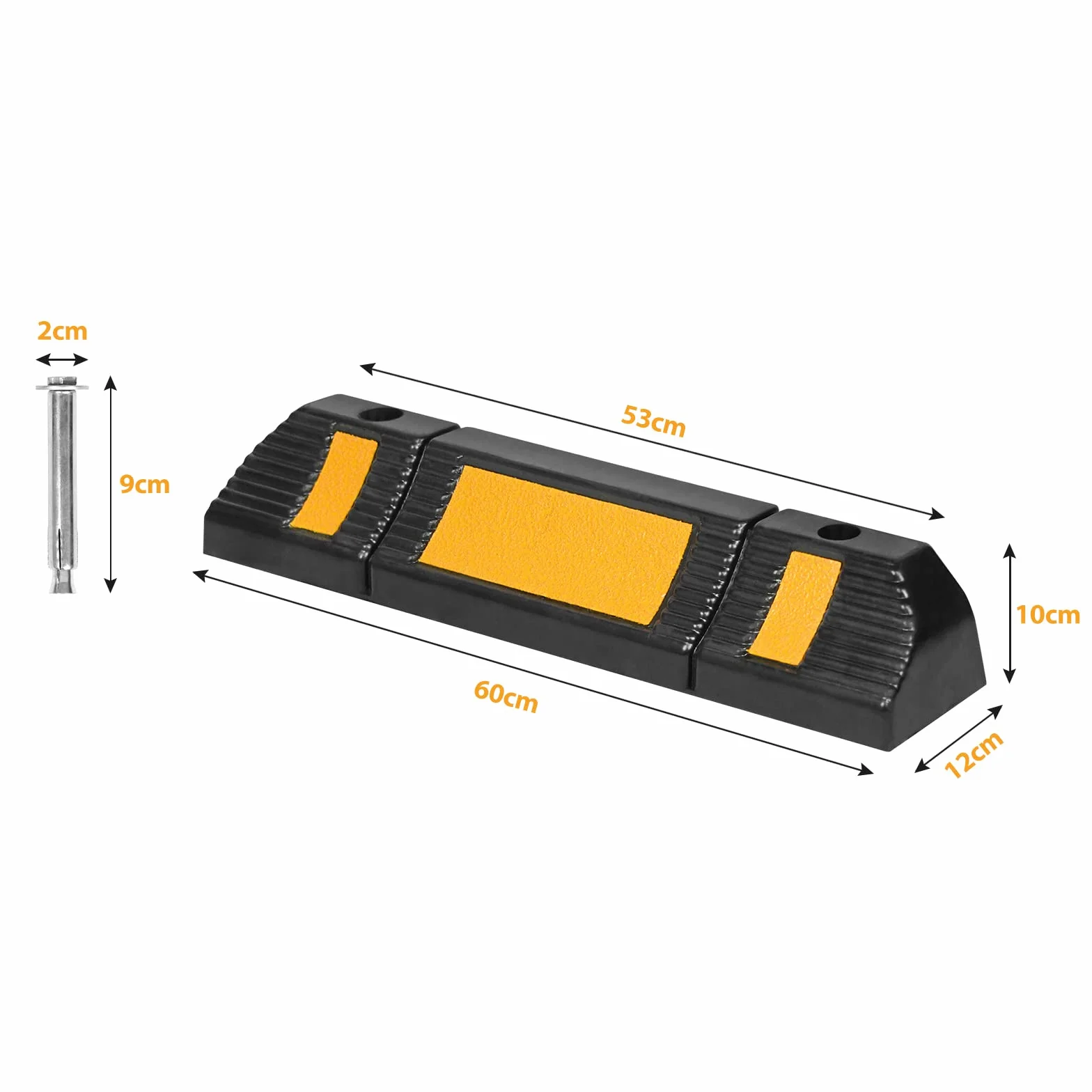 NAIZY 2-częściowy gumowy stoper do kół ogranicznik parkowania 60 x 12 x 10 cm, znacznik miejsca parkingowego ze śrubą rozszerzającą, blokada miejsca parkingowego, kolor czarny i żółty, pomoc przy
