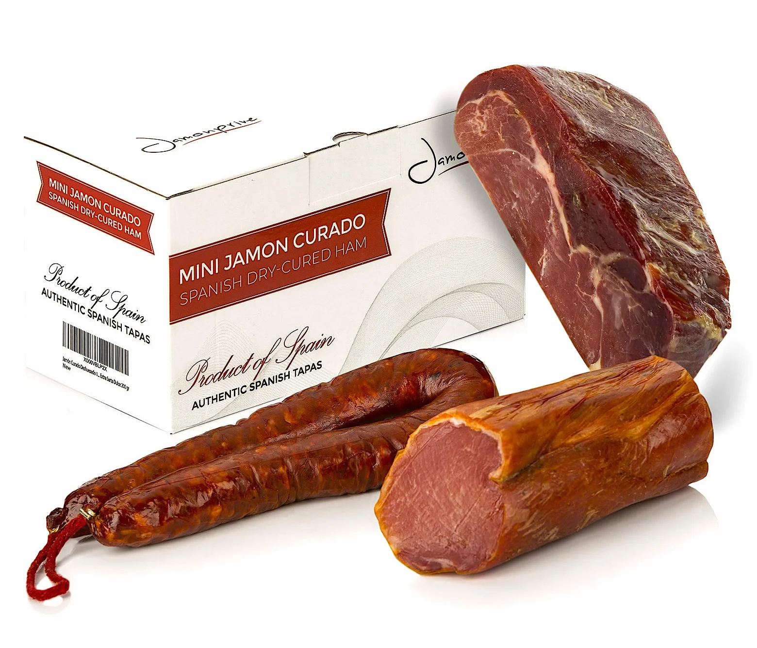 Szynka Serrano Dojrzewająca Bez Kości 1 Kg + Lomo (Schab wieprzowy) Duroc Naturalny 250 g + Chorizo Riojano 200 g - Hiszpańska Szynka Jamon Serrano Jamonprive