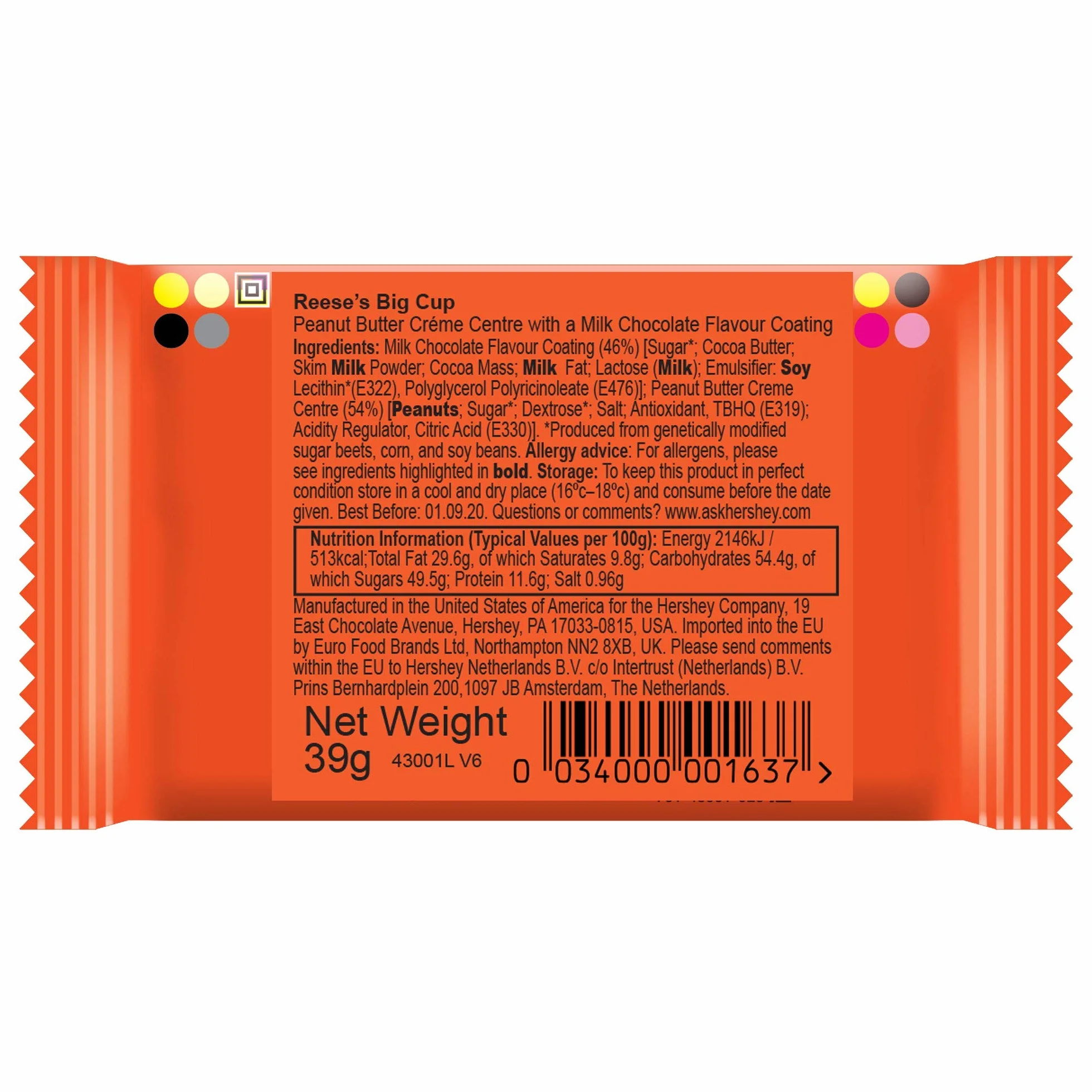 Reeses Big Cup Standard Bar – duży batonik z masłem orzechowym: 16 sztuk (16 x 39 g)