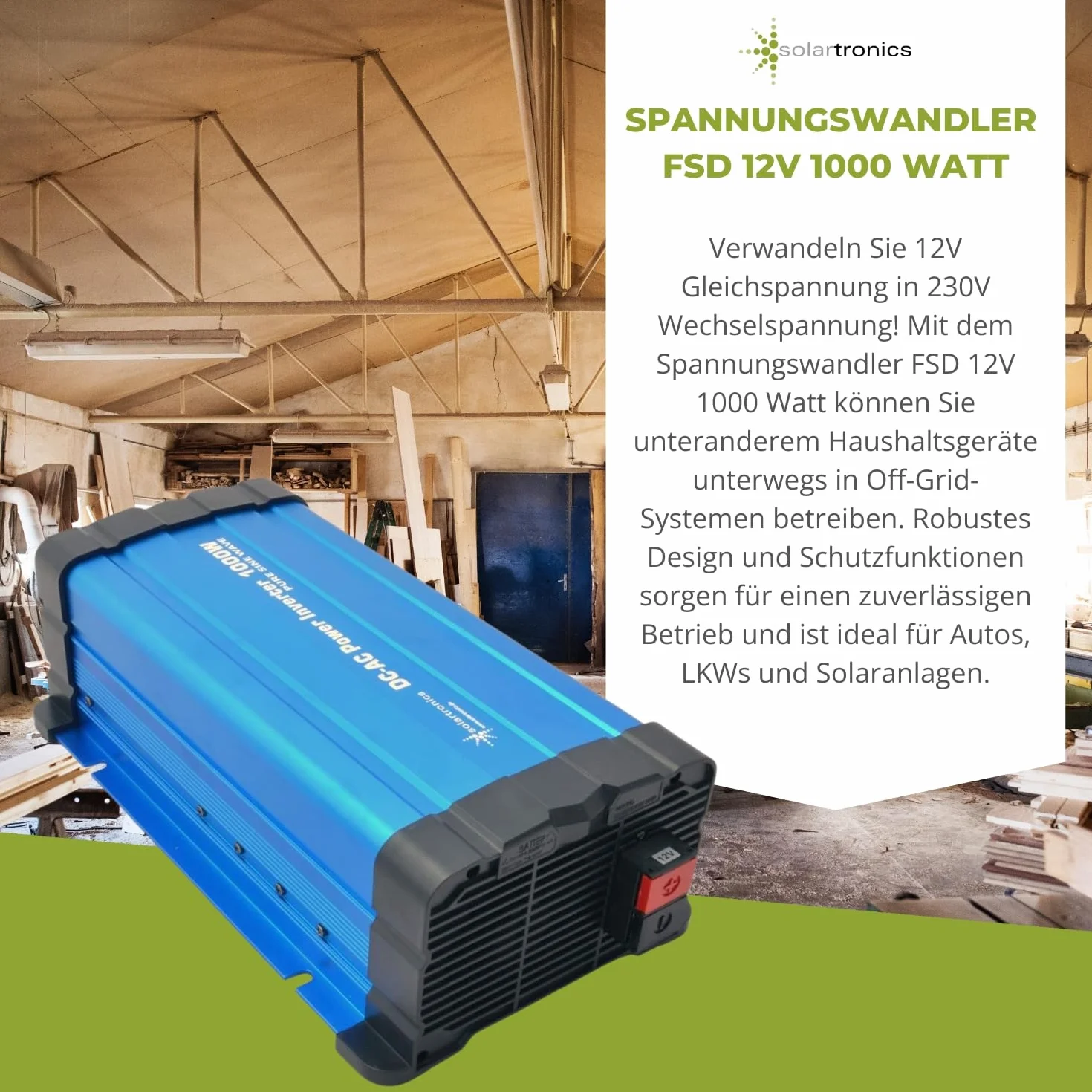 Solartronics Konwerter napięcia FS1000D 12 V 1000/2000 W, czysty sinus niebieski, z wyświetlaczem falownik serii FS