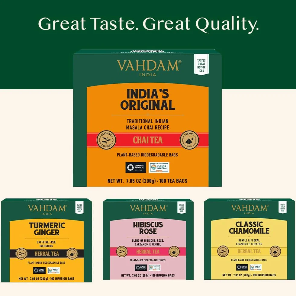 VAHDAM, Indyjska oryginalna torebka herbaty Masala Chai (100 torebek herbaty piramidowej), 100% naturalne przyprawy – czarna herbata, kardamon, cynamon, czarny pieprz i goździki, mieszane i pakowane w