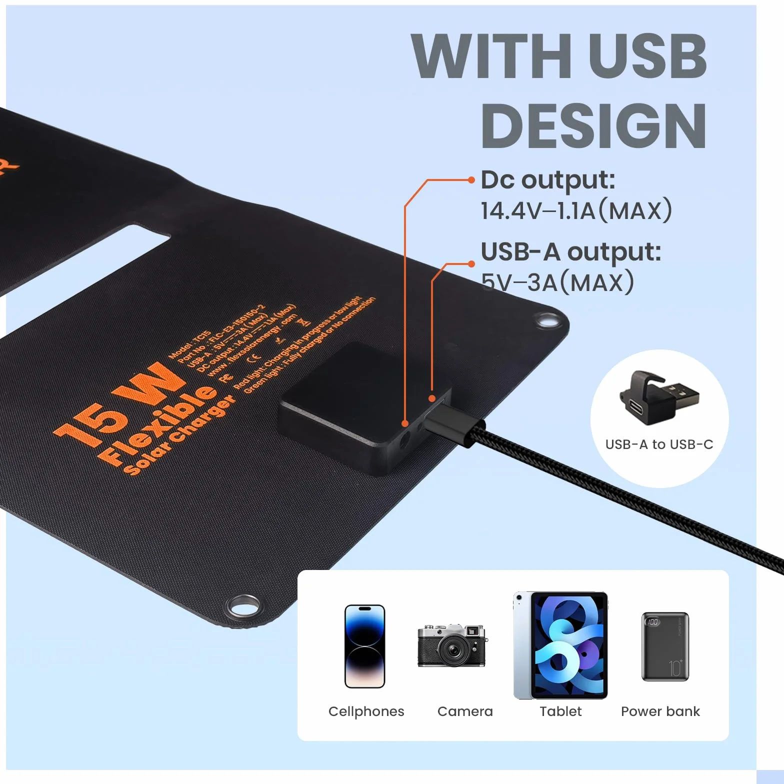 Flexsolar Solarna ładowarka do akumulatora samochodowego 15 W, moduł solarny, wodoszczelność IP67, przenośna ładowarka do akumulatora z kablem przyłączeniowym USB DC SAE do samochodu, łodzi, motocykla