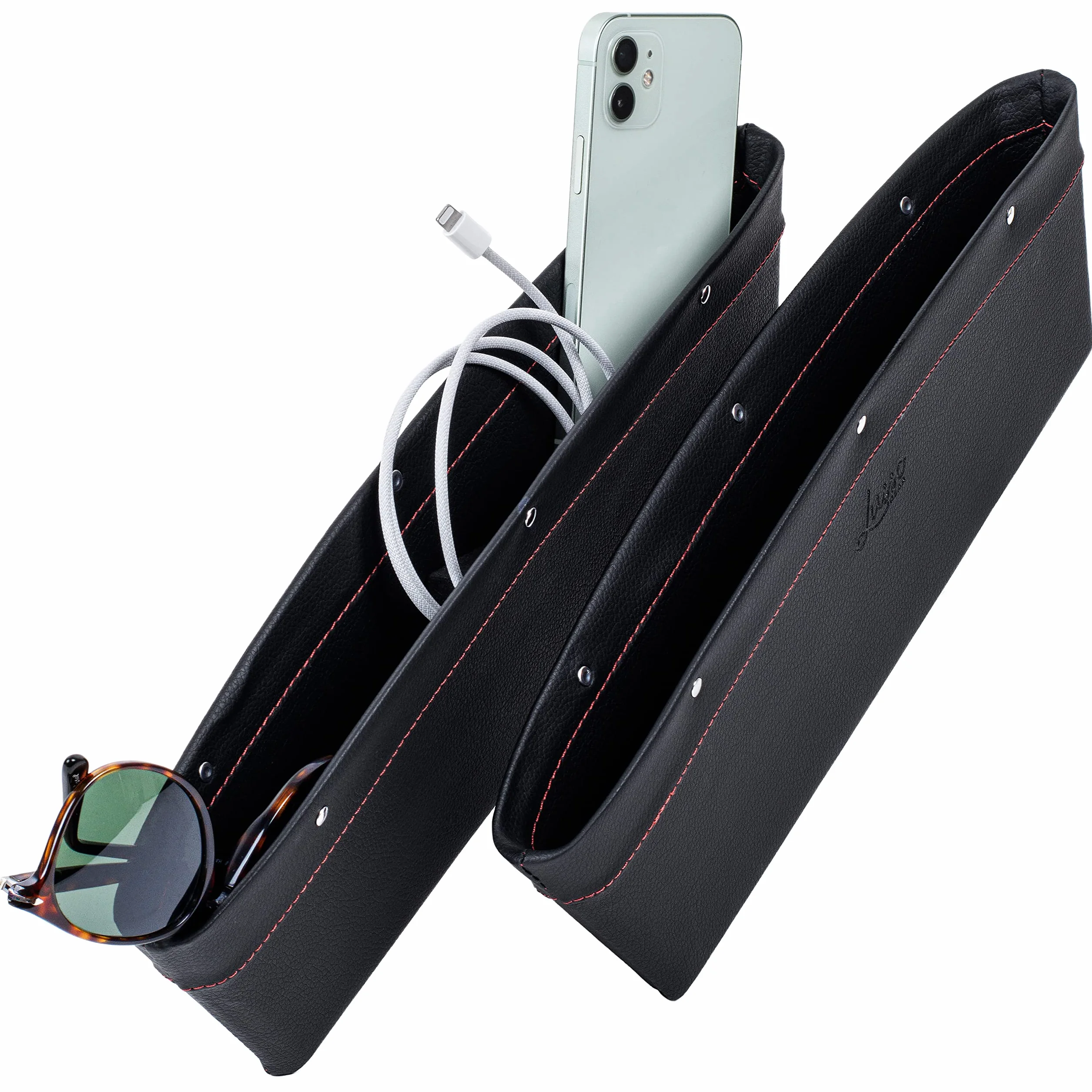 Lusso Gear Car Seat Gap Organizer 2 Pack, Vegan Leather Car Seat Gap Filler Organizer with Universal Fit, Adjustable Gap Filler for Car for iPhone, Android, Glasses, Keys, and More (Red)