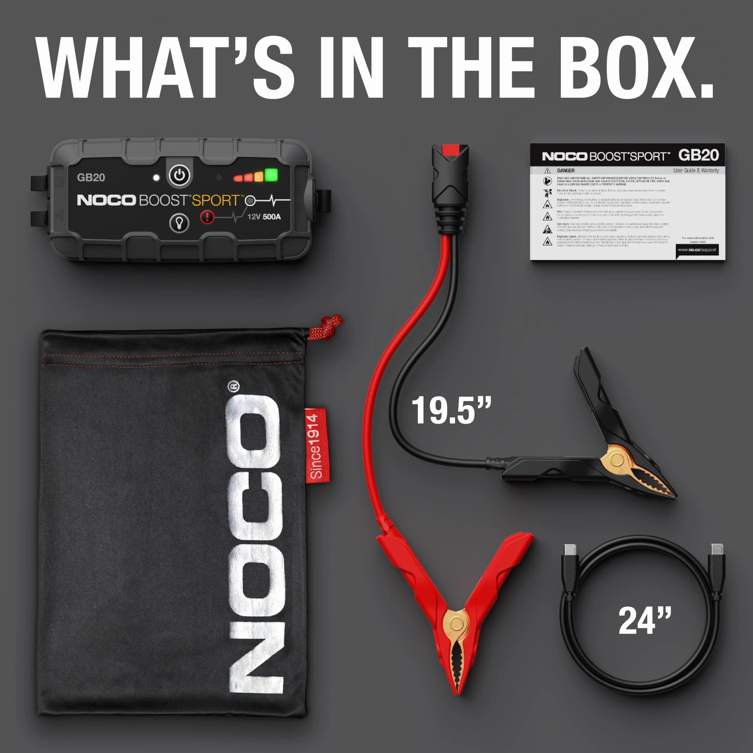 NOCO Boost Sport GB20 500A 12V UltraSafe litowy urządzenie rozruchowe, booster do akumulatora I kable rozruchowe do 4,0-litrowych silników benzynowych odpalania