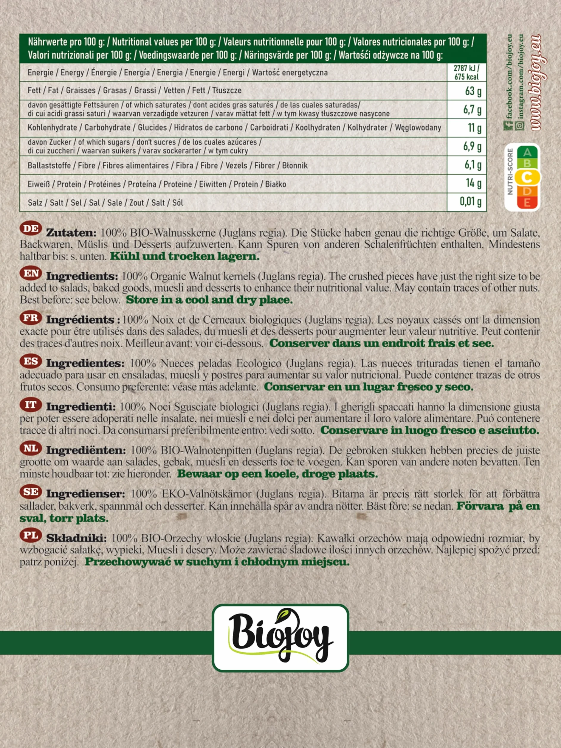 Biojoy BIO-Orzechy włoskie cząstki bez skorupy Juglans regia 1 kg