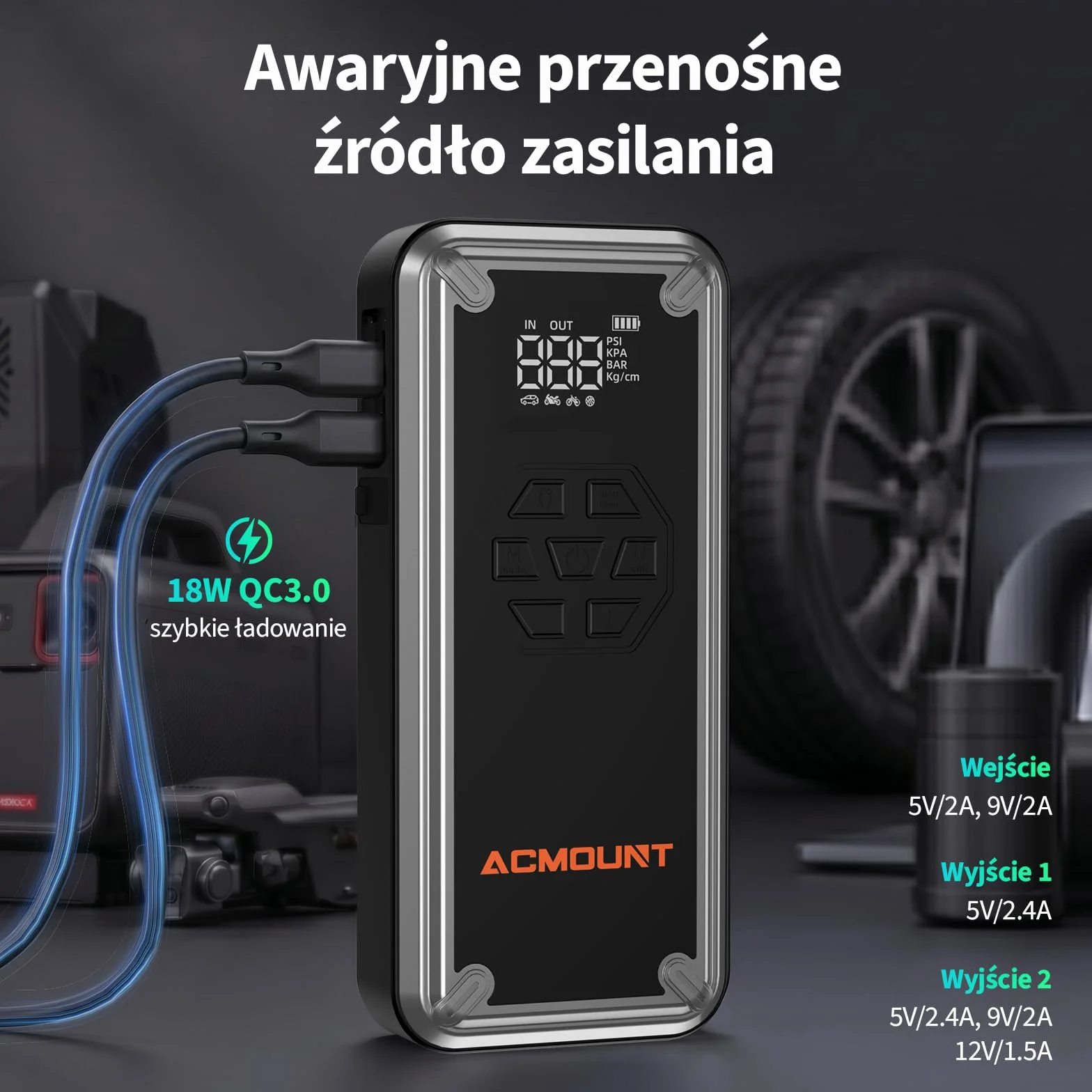 ACMOUNT Booster rozrusznik samochodowy 7000 A, 23800 mAh 150 PSI rozrusznik akumulatora samochodowego ze sprężarką, przenośny start akumulatora 12 V do szybkiego ładowania 18 W, LED i LCD do benzyny