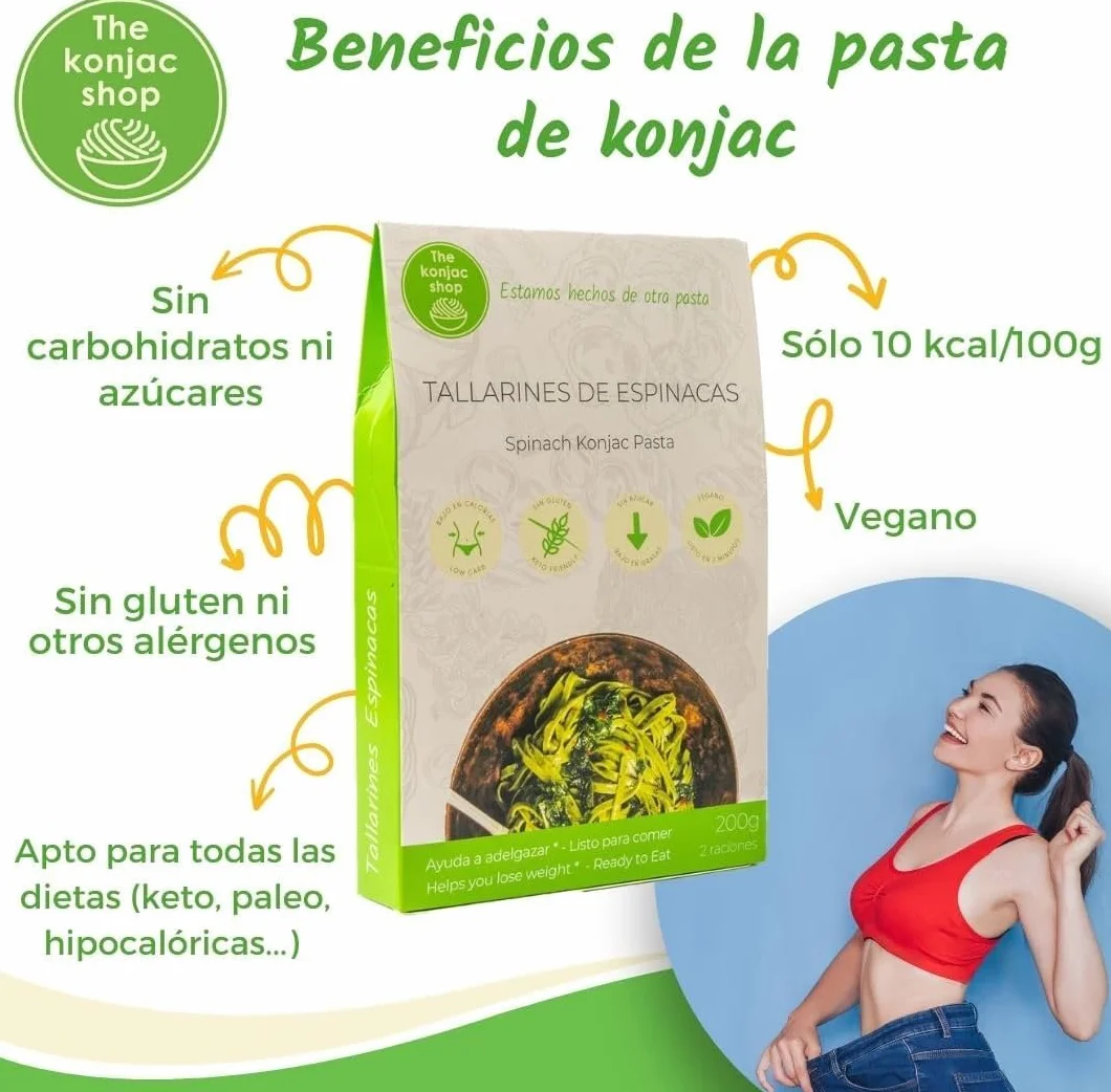 The Konjac Shop - Makaron Konjac ze Szpinakiem 270g Bezglutenowy, Niskokaloryczny, Niskowęglowodanowy, Idealny do Diety Keto (Opakowanie 5 sztuk)
