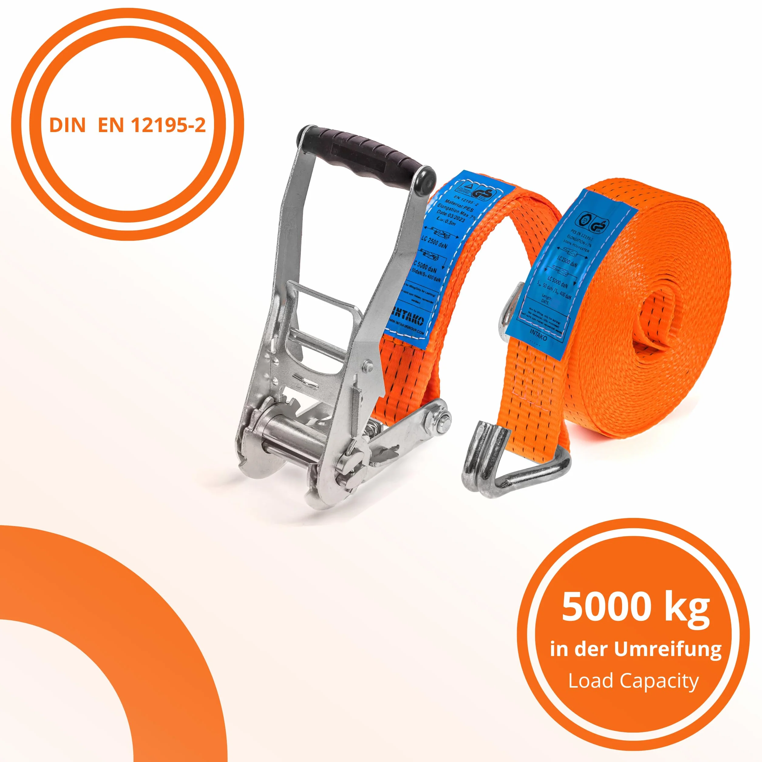 INTAKO Pasy Transportowe z Napinaczem 6m x 5t x 50mm - Zestaw 4 Pasów Transportowych i 4 Narożników - Mocujące do Zabezpieczania Ładunku - DIN EN 12195-2
