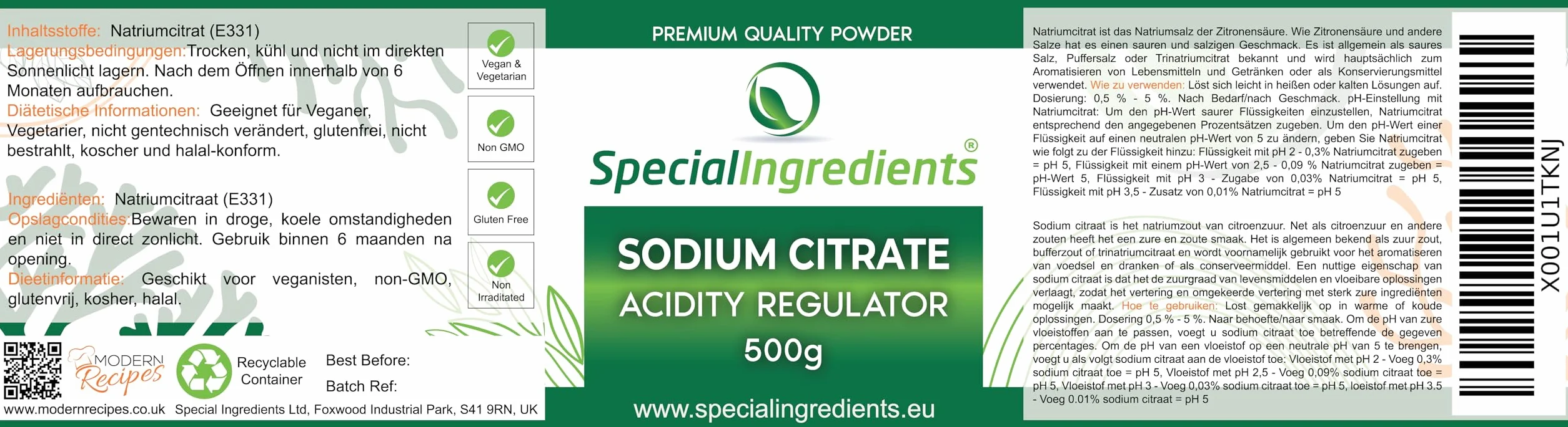 Special Ingredients Cytrynian sodu, 500 g, najwyższa jakość, wegański, bez GMO, bezglutenowy, pojemnik z możliwością recyklingu