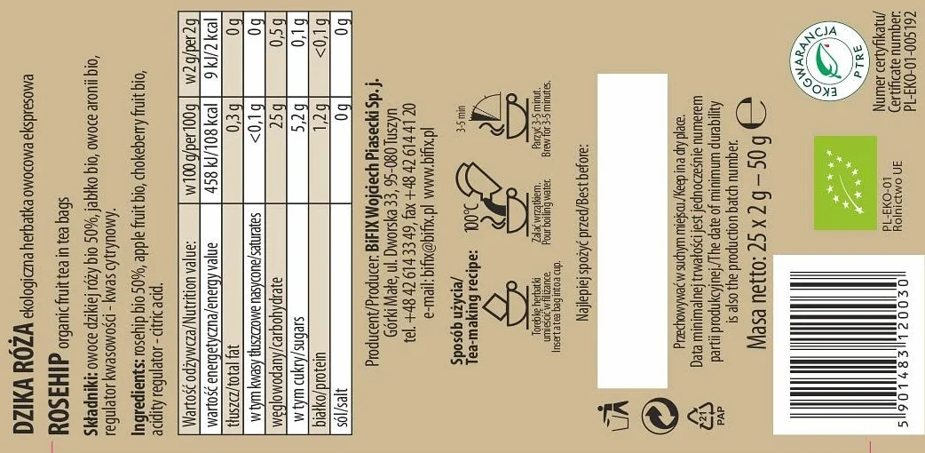 Bifix Ekologiczna Herbata Owocowa Dzika Róża 25 sztuk