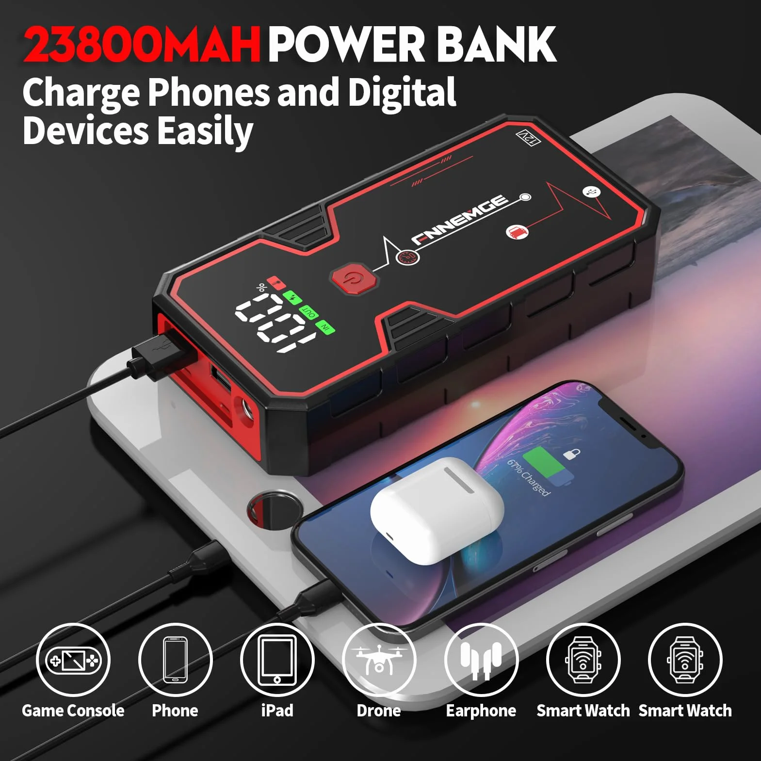 Rozrusznik samochodowy 23800mAh 5000A z wyświetlaczem LED