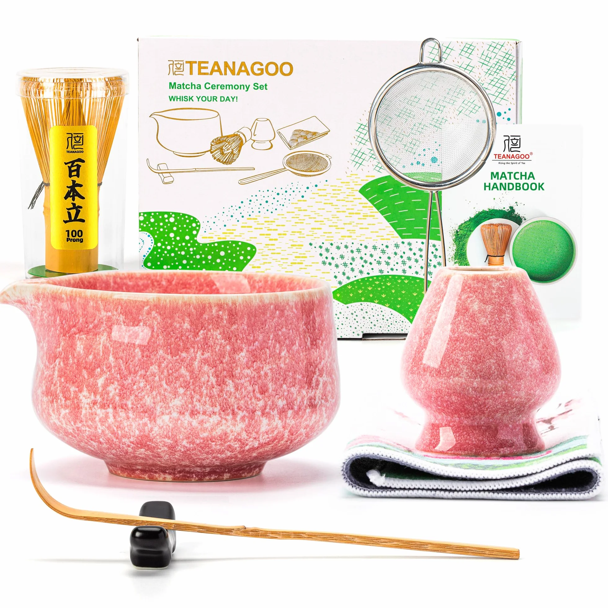 TEANAGOO Zestaw trzepaczek Matcha, zestaw 7 szt., różowy, zestaw do ceremonii matcha, zestaw do herbaty matcha do robienia latte, ceramiczna miska (chawan) z wylewką i trzepaczką, prezent dla