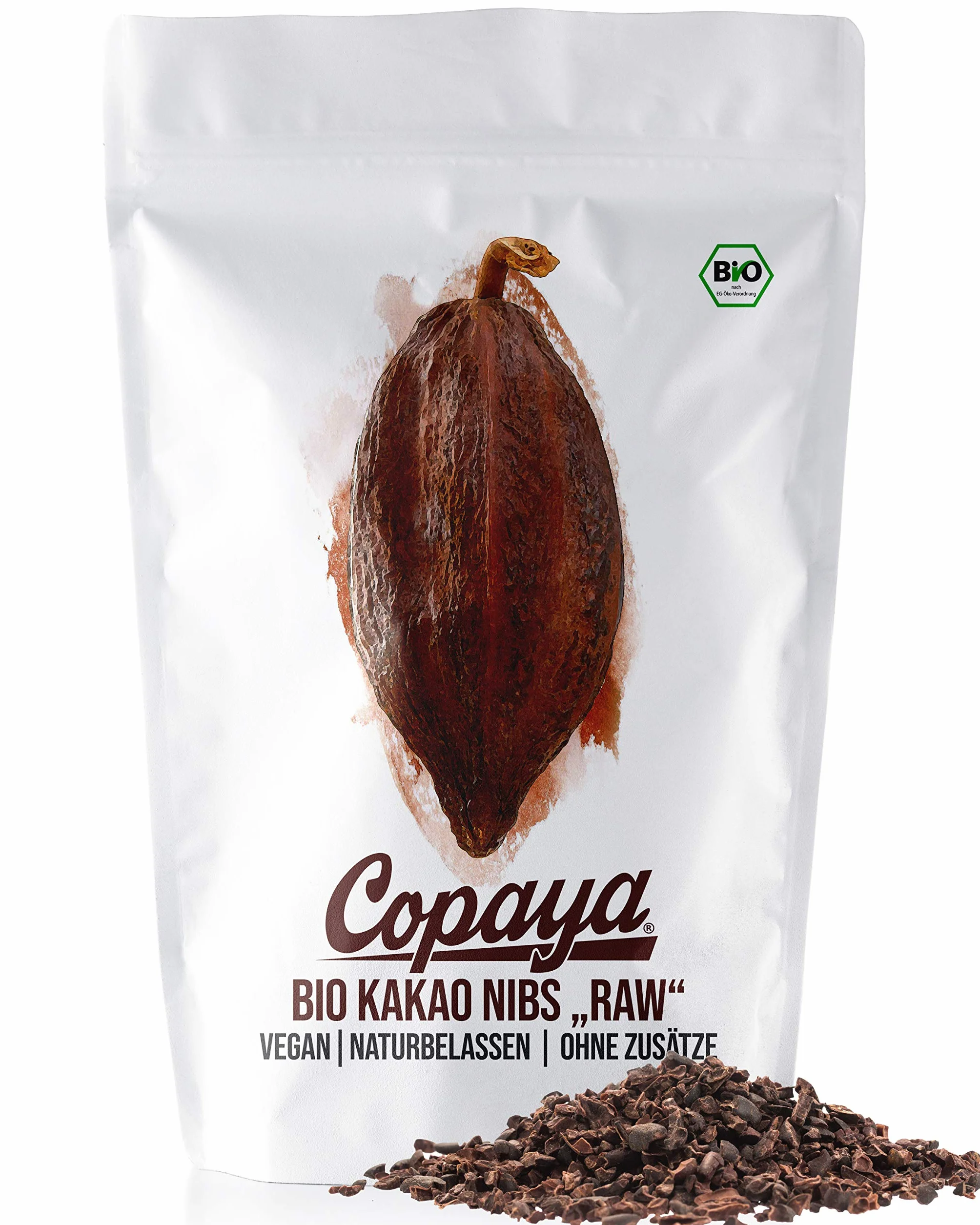 Copaya Bio kakao Nibs Roh bez dodatków, kakao z peruańskich ziaren kakao, kontrolowane ziarna premium bez cukru, niepalone i niesłodkie, 500 g
