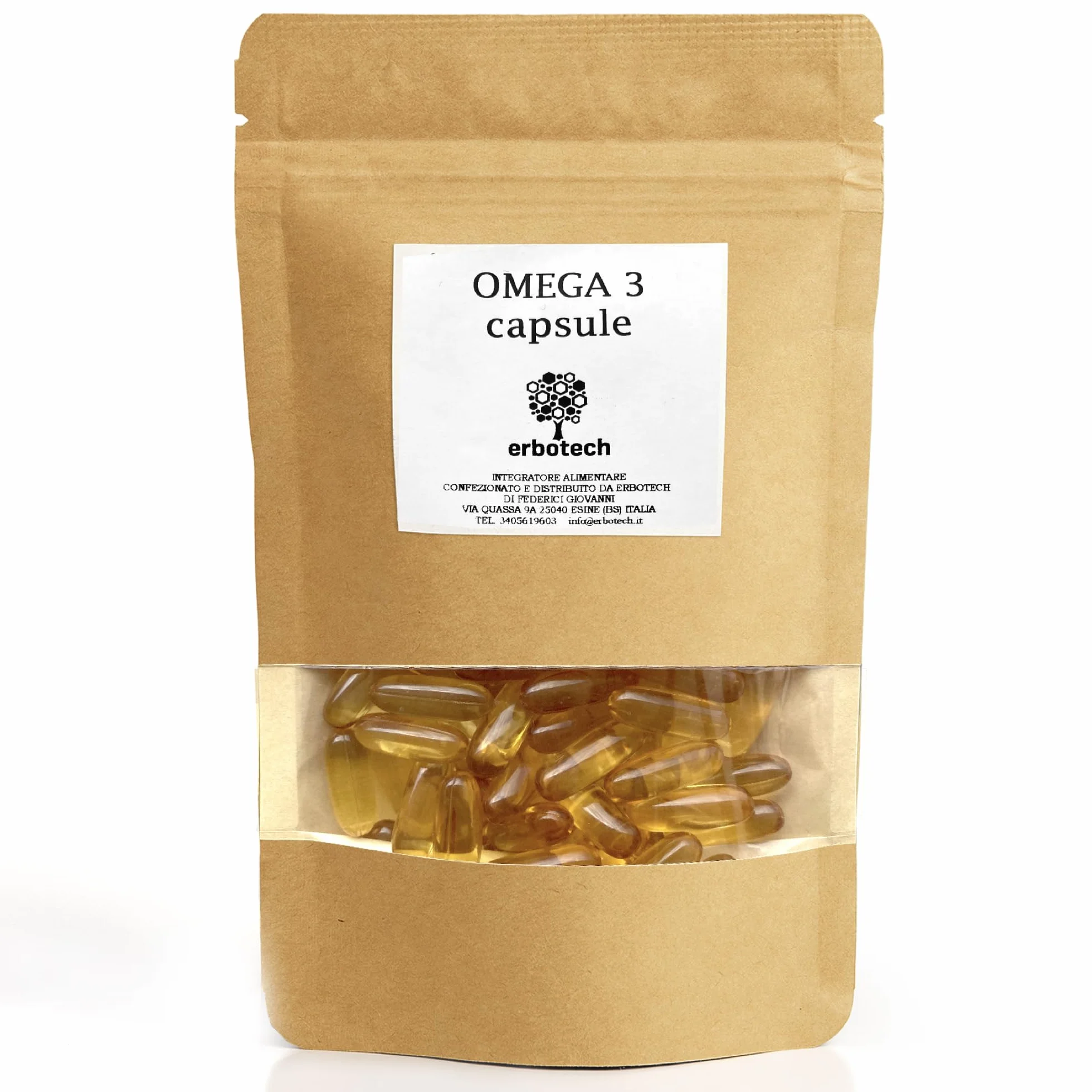 ERBOTECH Omega 3 kapsułki, opakowanie 100 g, ok. 70 kapsułek z olejem rybim, suplement diety z kwasami tłuszczowymi regulujący poziom cholesterolu i trójglicerydów