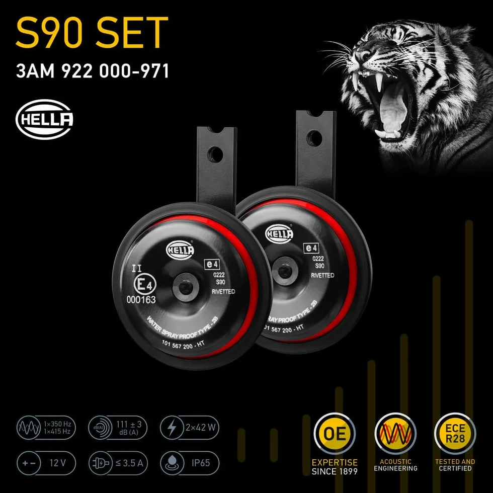 HELLA Klakson - HELLA STYLE HORN S90 SET - 12V - 111dB(A) - Zakres częstotliwości: 350/415Hz - Sygnał wysoki/Sygnał niski - elektryczny - ECE - Kolor obudowy: czerwony/czarny - 3AM 922 000-971
