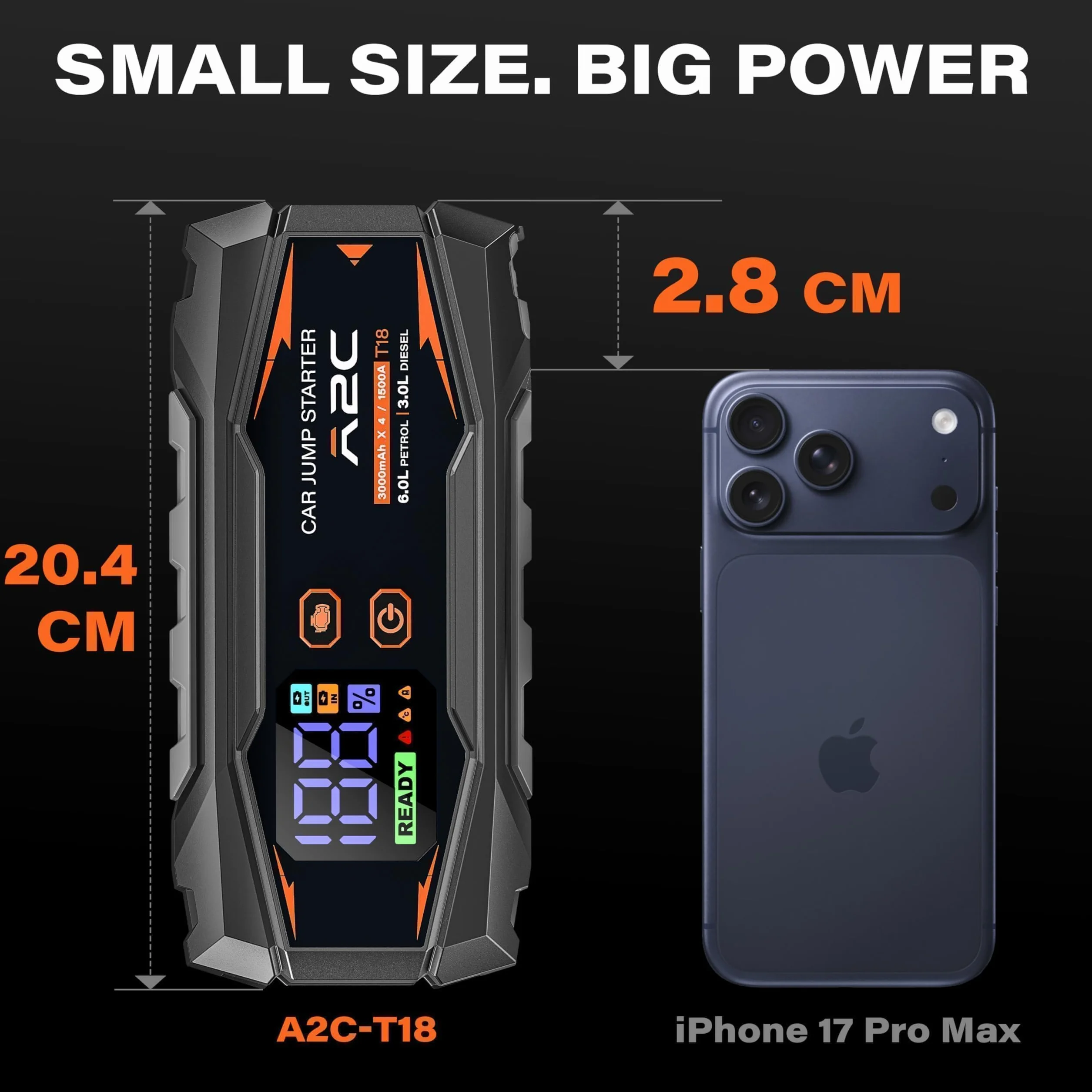 A2C 1500A Jump Starter, 12V (do 6 l lub olej napędowy 3L), Power Bank 12000mAh (PD/QC 3.0) z 3 portami USB C, rozrusznik samochodowy z przewodami rozruchowymi, wyświetlaczem LED i światłem