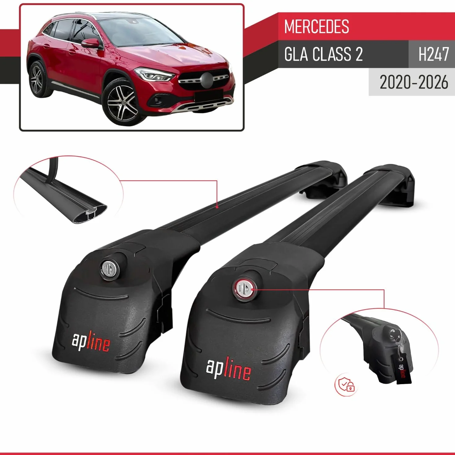 Kompatybilny z Mercedes GLA Klasa 2 (H247) 2020-2026 ACE-2 Model Aluminiowe poprzeczki dachowe Czarny 2 szt.