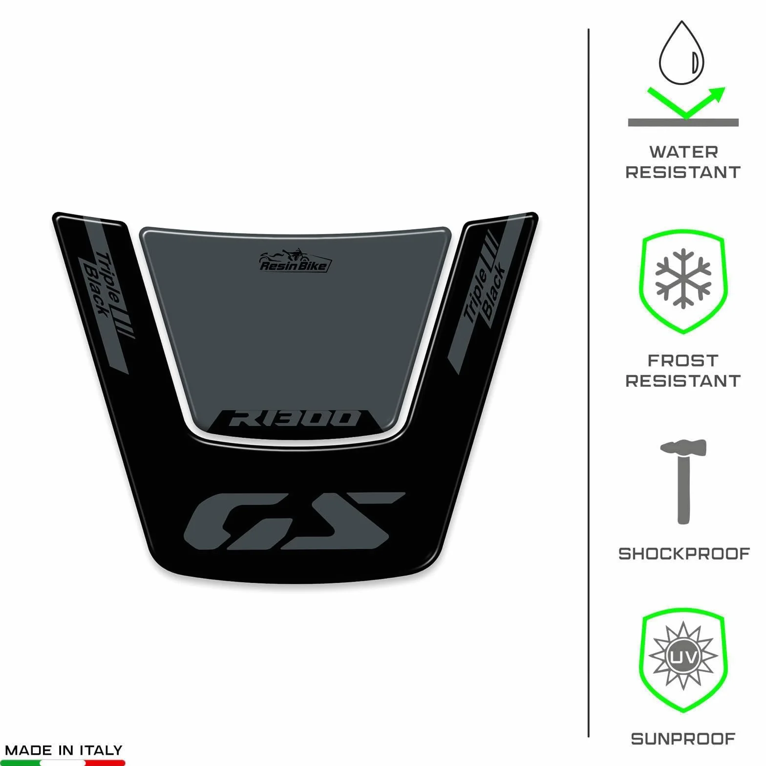 Resin Bike naklejki moto kompatybilne z BMW R 1300 GS Triple Black 2023-2025. Ochrona przedniego wzmocnienia przed uderzeniami i zarysowaniami. Naklejki żywiczne z efektem 3D, wykonane we Włoszech