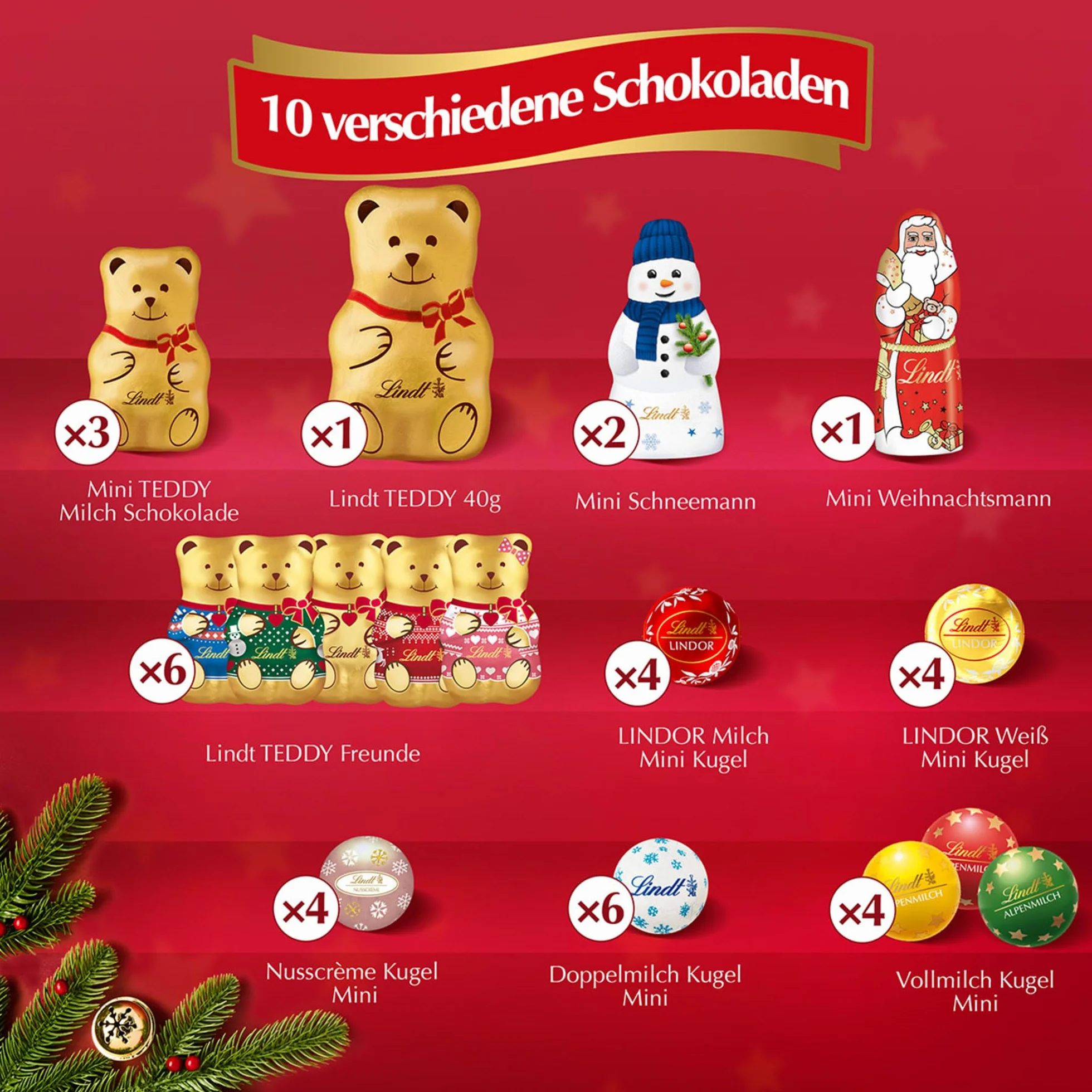 Lindt Czekoladowy miś kalendarz adwentowy 2024 | 265 g | słodkie niespodzianki, częściowo wypełnione kremem mlecznym | czekolada na Boże Narodzenie | dla dzieci | czekoladowy prezent