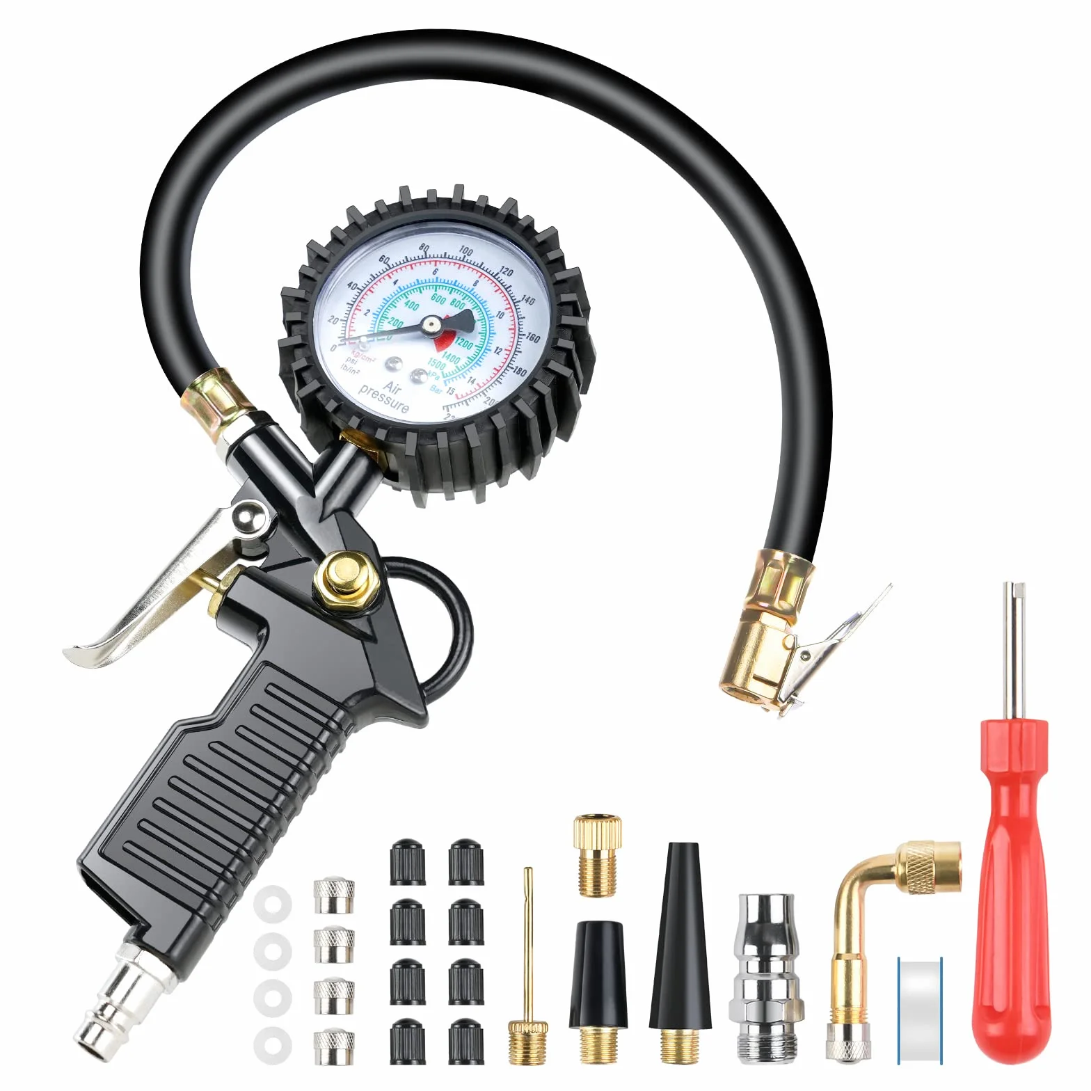 Manometr do opon, 220 PSI, pompka do opon z gumowym wężem, narzędzie rdzeniowe zaworu, akcesoria do sprężarek, adapter, nadaje się do sprężarki, samochodu, motocykla, roweru, ciężarówki