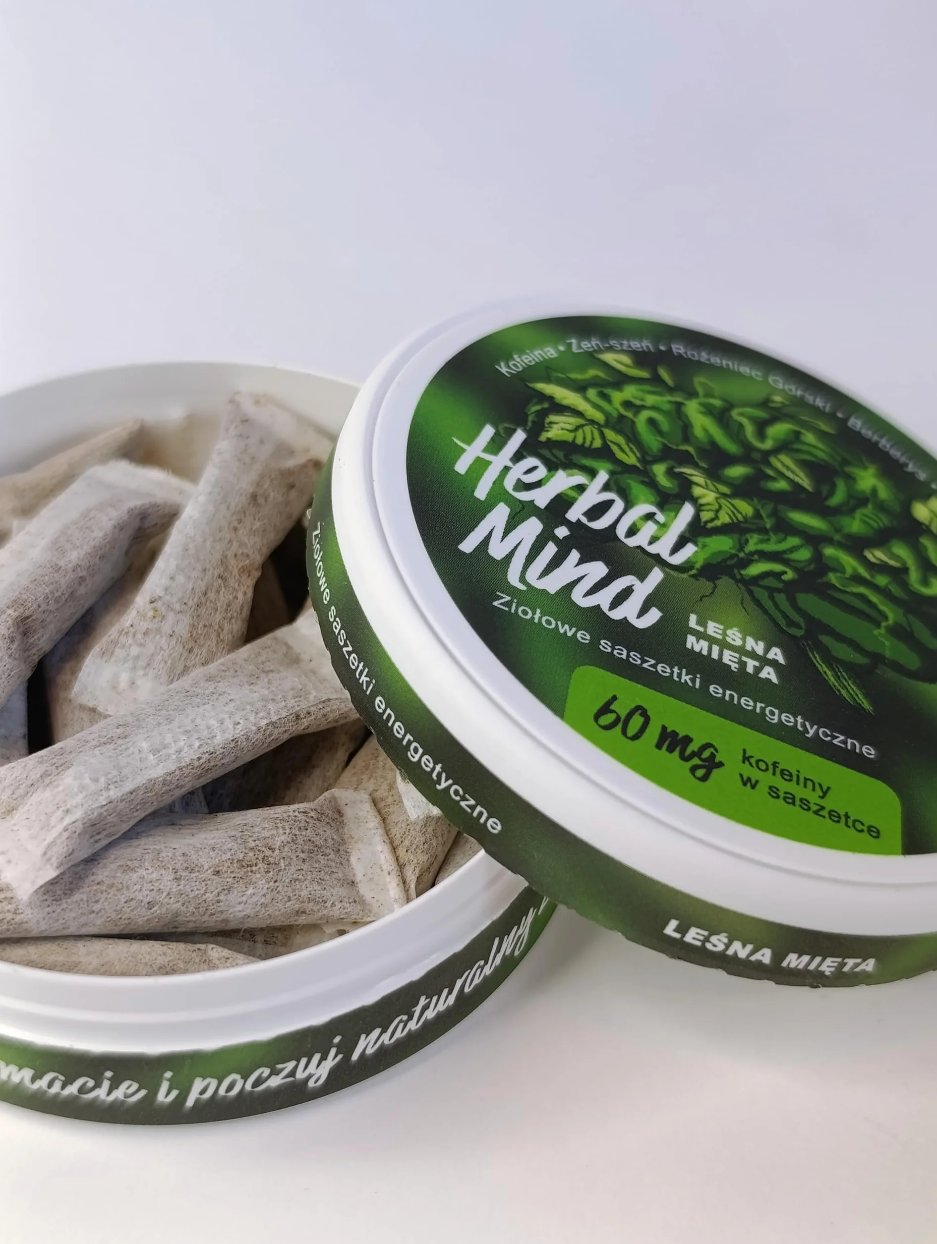 HerbalMind Ziołowe Saszetki Energetyczne 60 mg Kofeiny Leśna Mięta 20 szt. Snusy Kofeinowe z Adaptogenami Bez Nikotyny