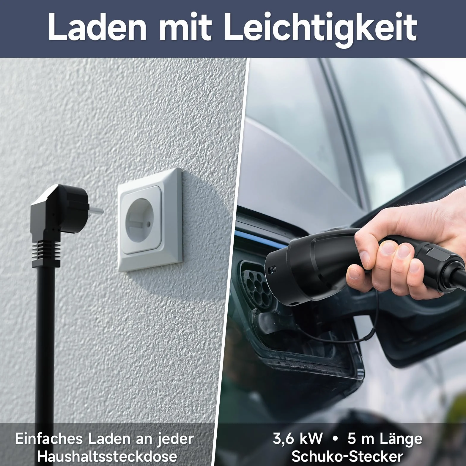 Kabel do ładowania typu 2 Schuko, 3,6 kW 5 m kabel do ładowania typu 2, przenośna ładowarka EV, regulacja mocy (6-16A) i timer (0-15 godzin), z torbą do przenoszenia, do wszystkich PHEV i EV