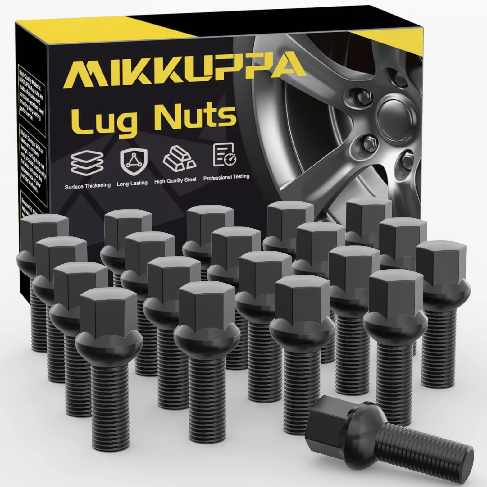 20 śrub do kół, bolce koła M14x1,5, długość trzpienia: 27 kulkowy pierścień R13, rozmiar klucza 17 mm, czarny