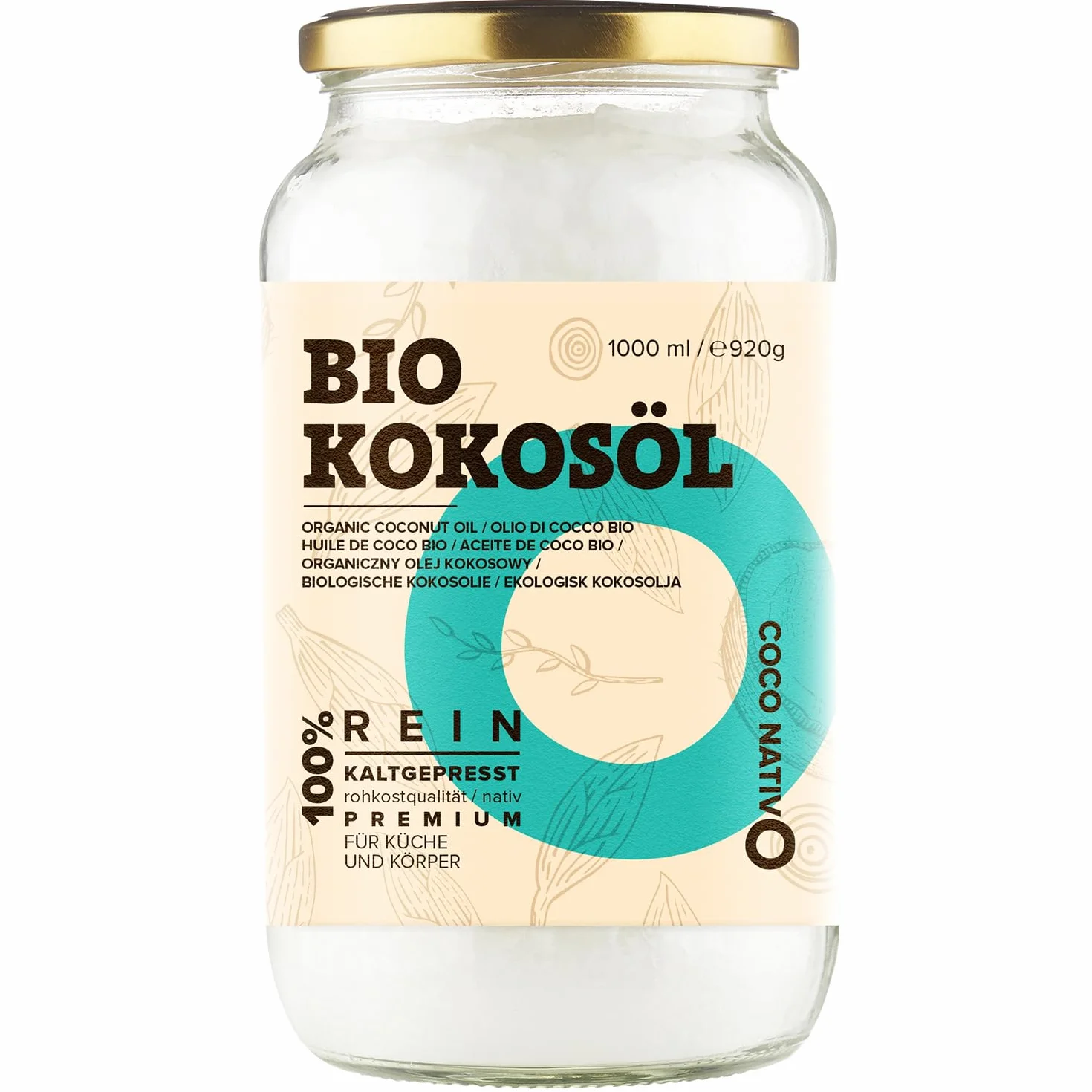 Bio Kokosöl CocoNativo - 1000mL (1L) - Bio Kokosfett, Kokosnussöl, Premium, Nativ, Kaltgepresst, Rohkostqualität, Rein (1000ml) - zum Kochen, Braten und Backen, für Haare und Haut