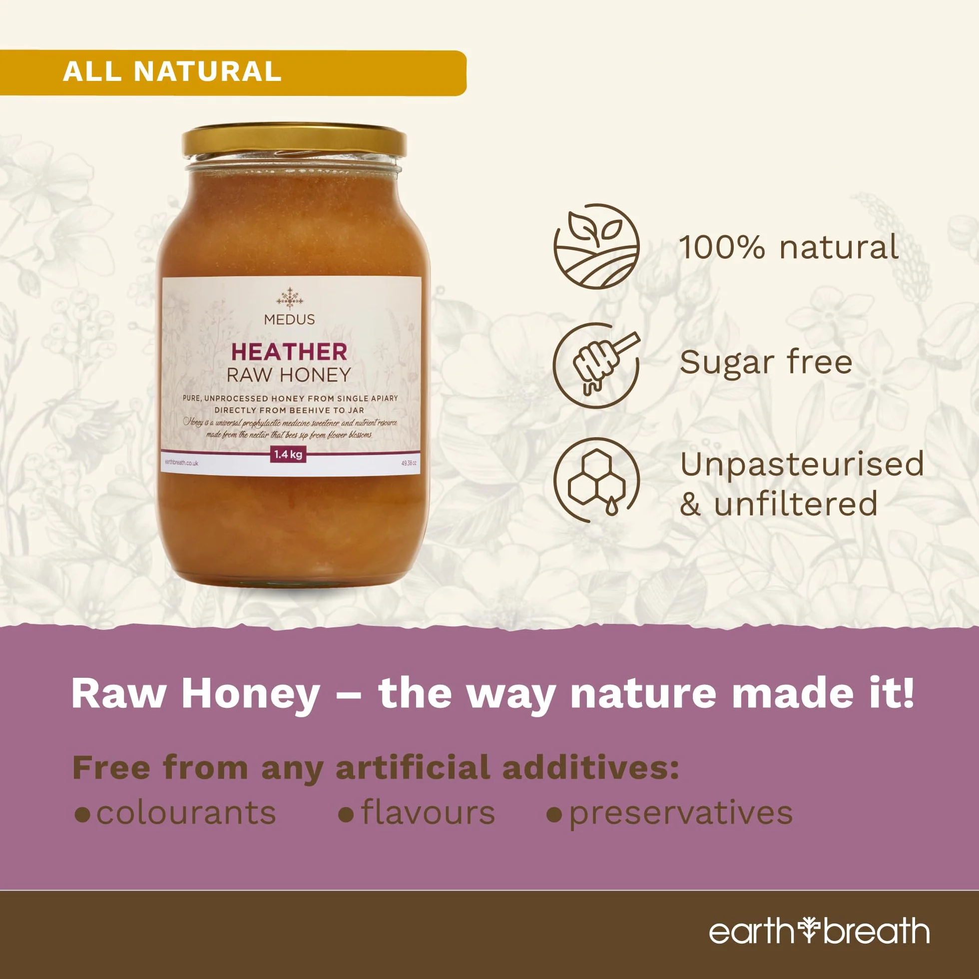 Earthbreath Wild Ling Heather Raw Honey - 1,4 kg - czysty, nieprzetworzony, niepasteryzowany - z pojedynczej pasiery, naturalny słodzik do gotowania, herbaty, soku, napojów, żywności - szklany słoik