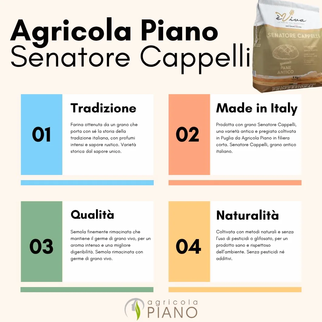 Agricola Piano - Senatore Cappelli | Przesiewana kasza manna z antycznej twardej pszenicy kg 5 - Przesiewana kasza manna do starych chlebów, focaccia, makaron, Stare ziarna, Z żywym zarodkiem pszenicy