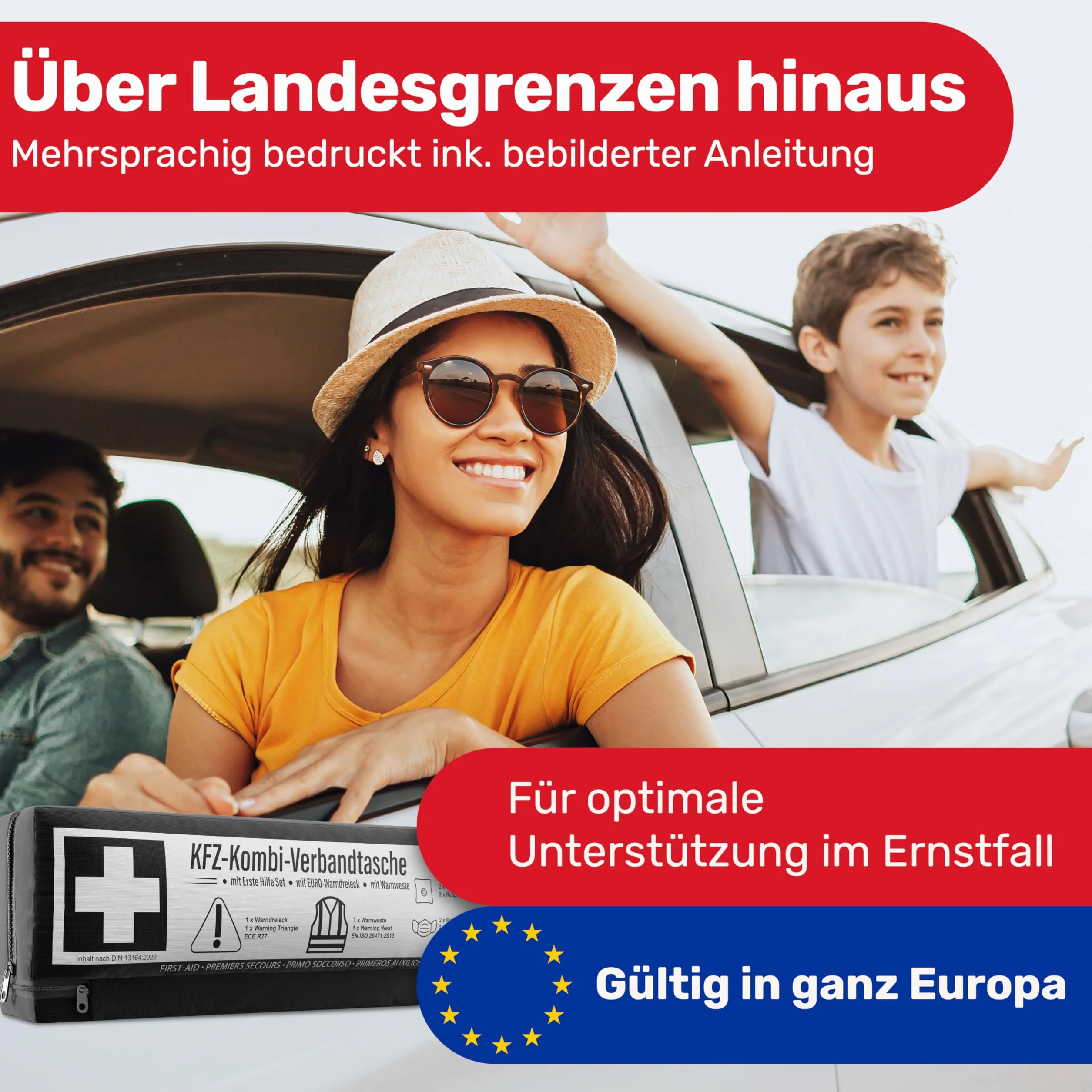 Zestaw pierwszej pomocy kombi (3 w 1) zgodnie z aktualną normą 2026 – W zestawie trójkąt ostrzegawczy, kamizelka odblaskowa – Zestaw pierwszej pomocy, trójkąt ostrzegawczy, apteczka samochodowa DIN