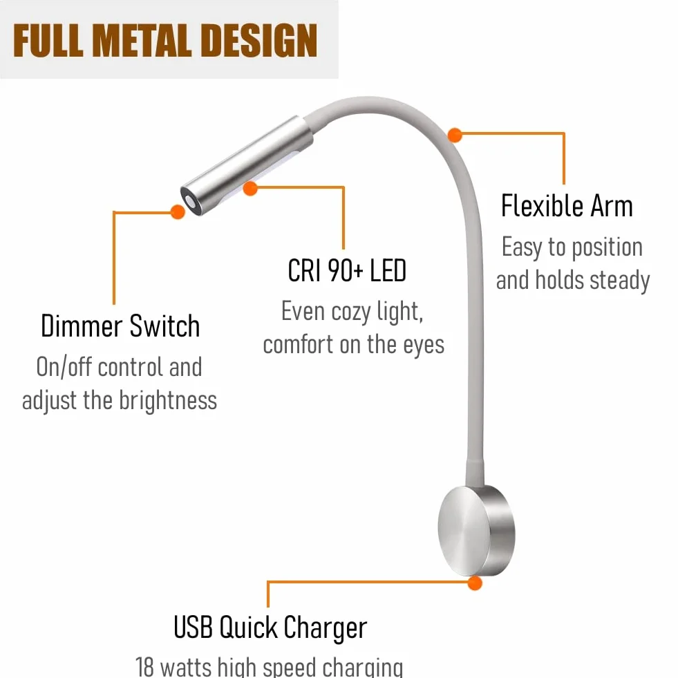 acegoo Lampa do czytania 12V LED elastyczna gęsia szyja 4000K z przyciskiem ściemniaczem i ładowarką USB
