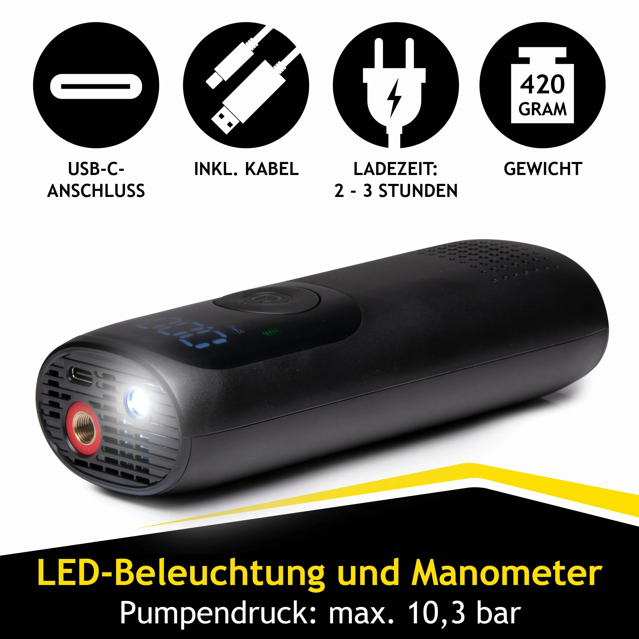 Dunlop Przenośna sprężarka powietrza 150 PSI - Bezprzewodowa pompka do opon z portem USB-C - Pompa rowerowa do wszystkich wentyli - Pompka do piłek - Sprężarka 10 bar z manometrem - Czarny