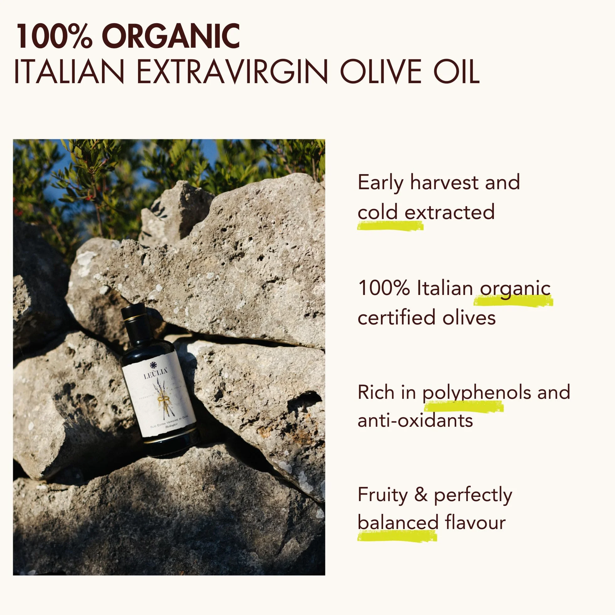 Leùlia Włoska Organiczna Oliwa z Oliwek Extra Virgin 500 ml Tłoczona na Zimno