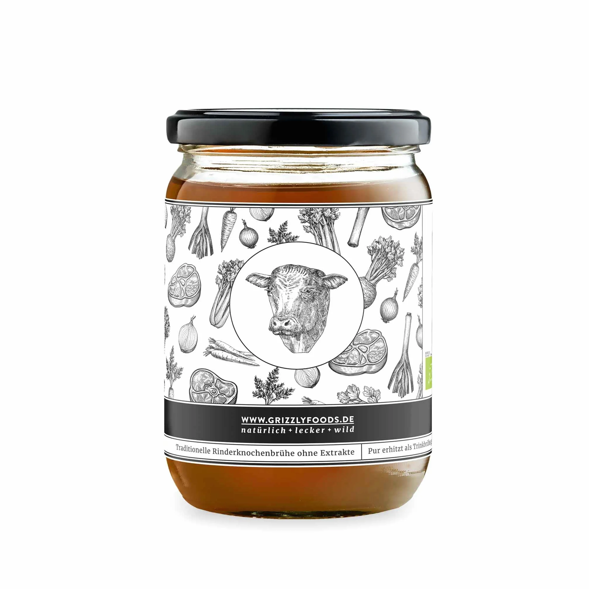 Grizzly Foods • Bio bulion z kości wołowej (6 x 500 ml) • 25 g kolagenu na szklankę • gotowany przez 72 godziny • 100% naturalny • bez cukru, bez dodatków • wartościowe składniki odżywcze • Bone Broth