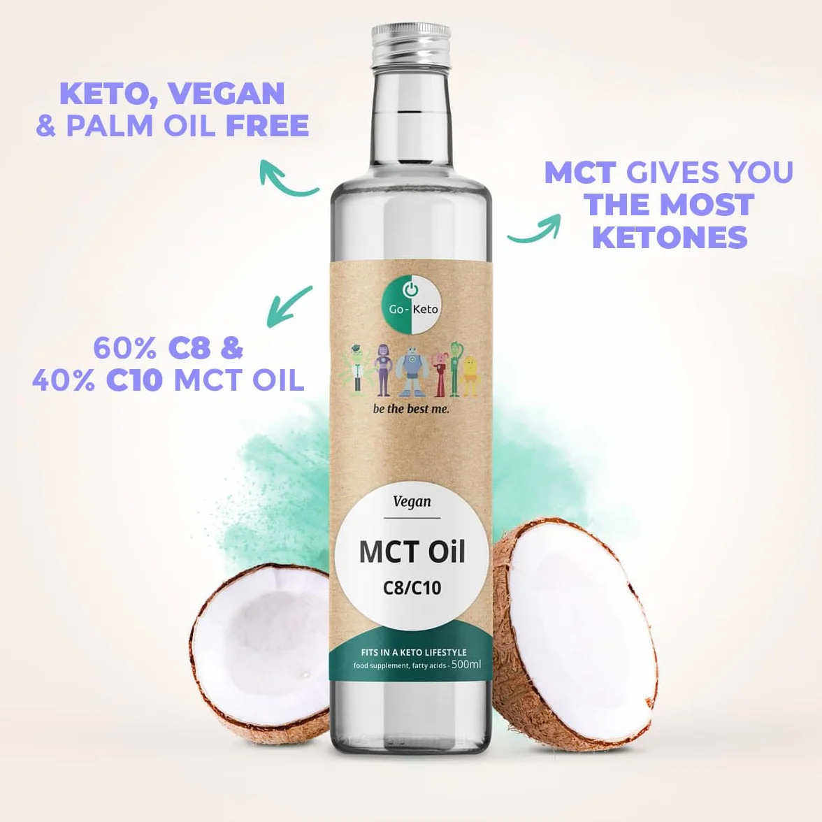 Go-Keto MCT Oil, 500 ml | Olej MCT C8 / C10, 100% olej kokosowy bez oleju palmowego | idealny do diety keto | idealny do kawy Bulletproof Coffee lub keto shake'a | wegański, Low Carb