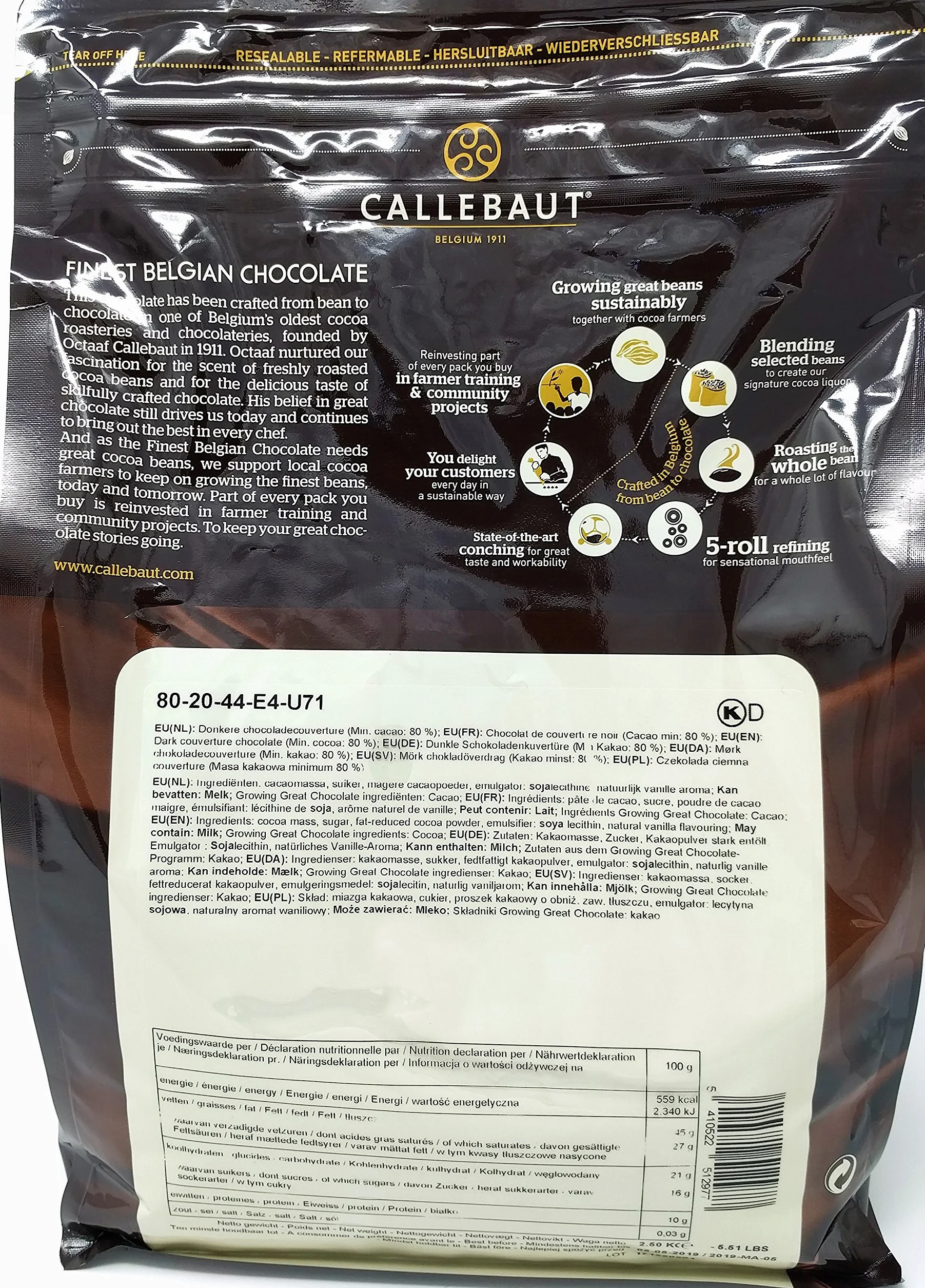 Callebaut Power 80 (moc 80%) – najdelikatniejsza belgijska koperta z ciemnej czekolady – delikatna gorzka czekolada – Finest Belgian Dark Chocolate (Callets) 2,5 kg