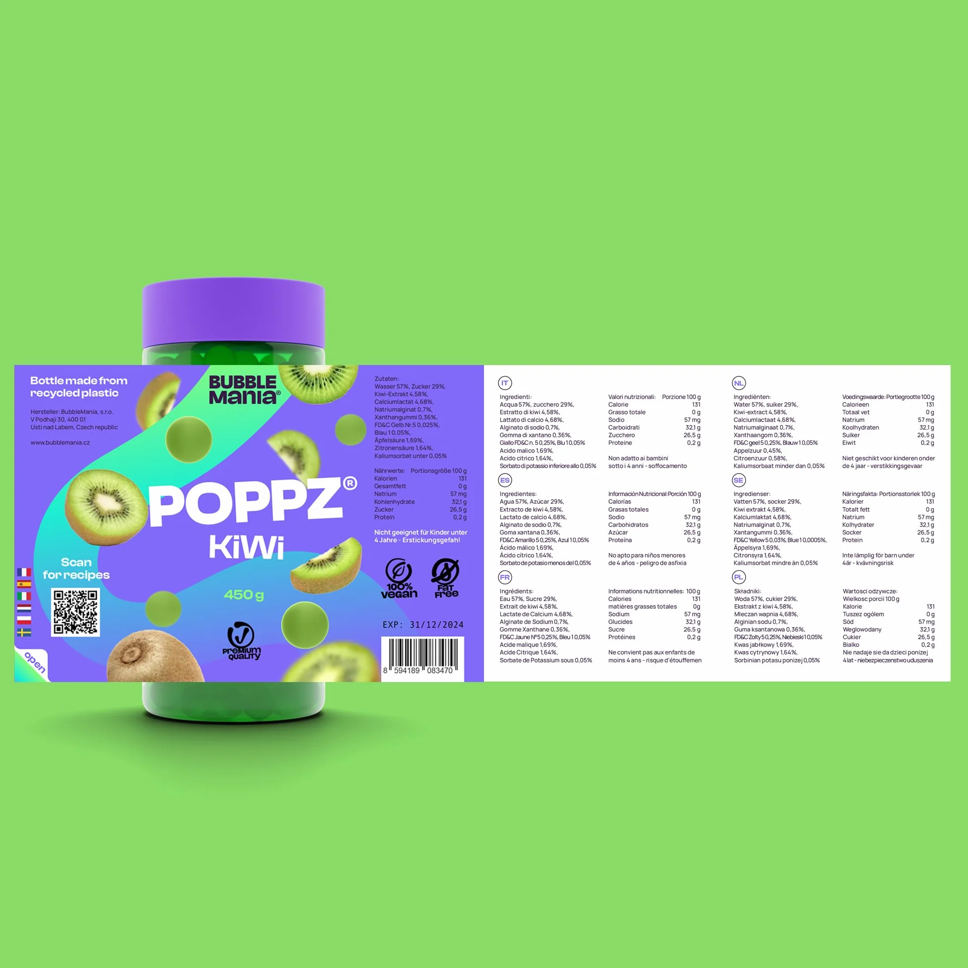 Bubble Mania Popping Boba Perły Owocowe Kiwi Kulki Tapioki 450g do Bubble Tea