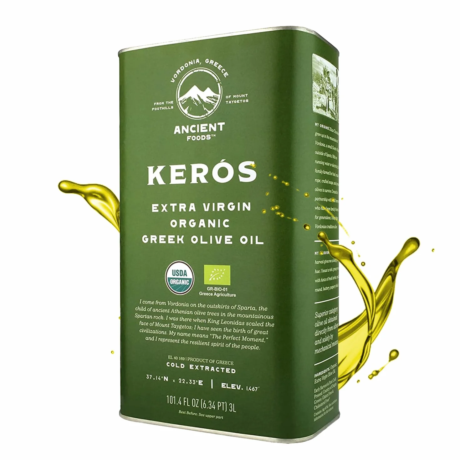 Ancient Foods - Kerós Bio oliwa z oliwek tłoczona na zimno - grecki olejek z oliwek Extra Virgin Olive Oil z Athenoelia Oliven - zbiory ręczne (Puszka 3L)