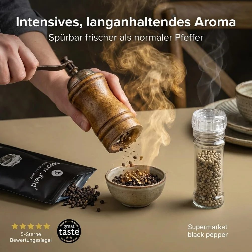 Pepper Field Kampot Pieprz Czarny – Premium Pieprz Czarny W Całości z Kambodży, Świeży & Aromatyczny, Całe Ziarna Pieprzu do Młynka & Kuchni, Great Taste, Idealny do Gotowania & Grillowania, 250g