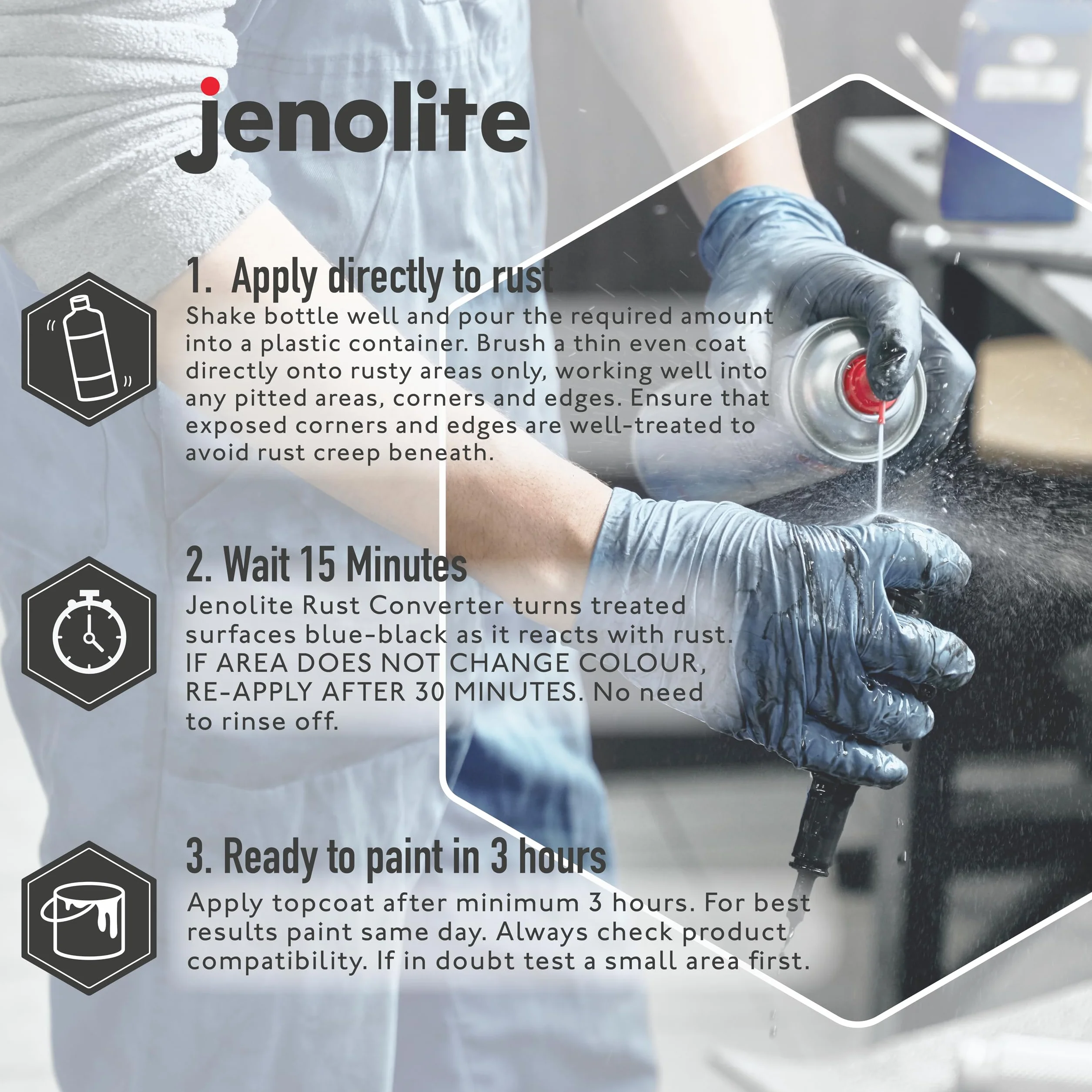 JENOLITE Płyn do konwertera rdzy, 150 ml, inhibitor korozji i obróbka metalu, środek do usuwania powierzchni do samochodów, przekształca rdzę w stabilną, zagruntowaną i gotową do malowania