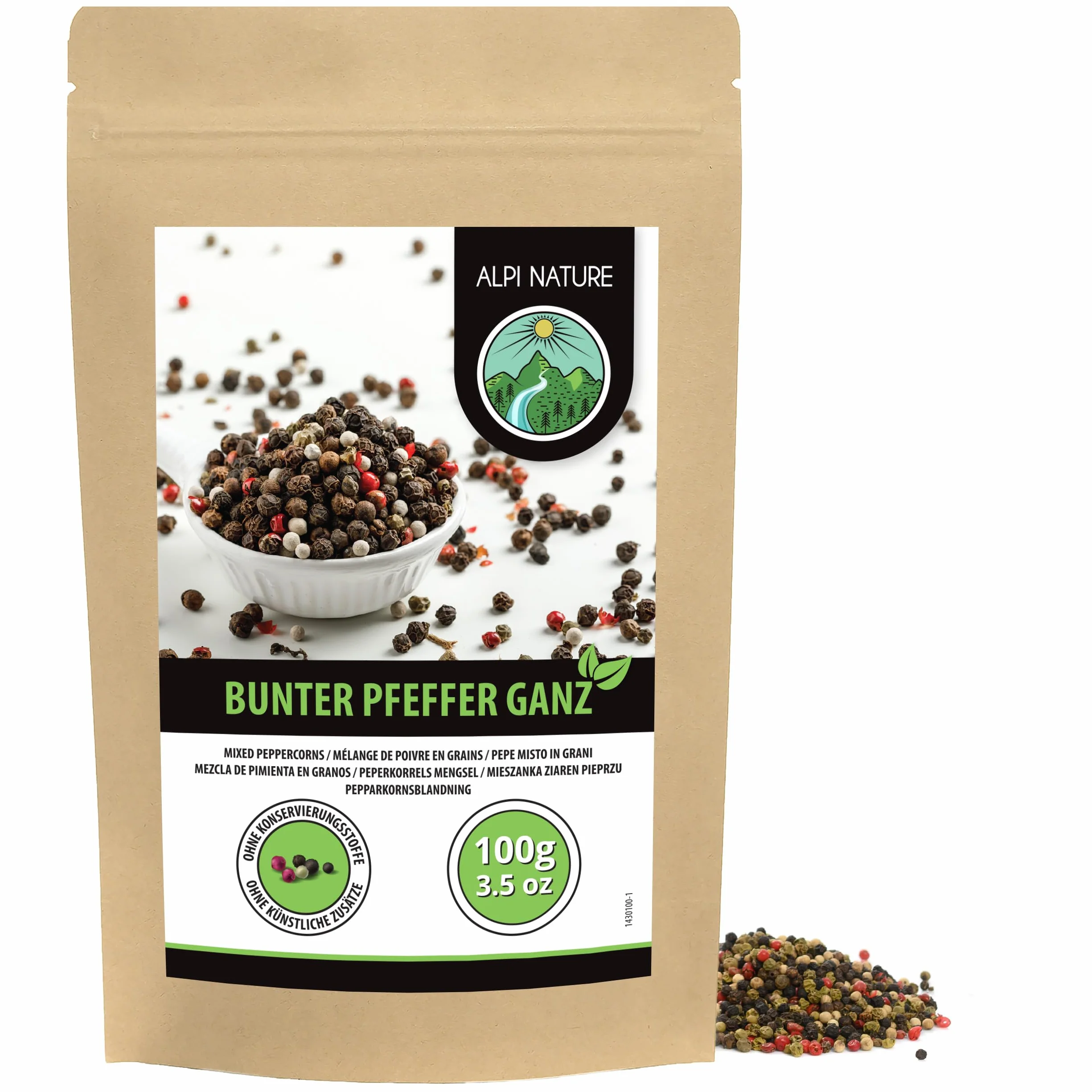 Alpi Nature Mieszanka Ziaren Pieprzu 100g, Całe Ziarna Czarnego, Białego, Różowego i Zielonego Pieprzu