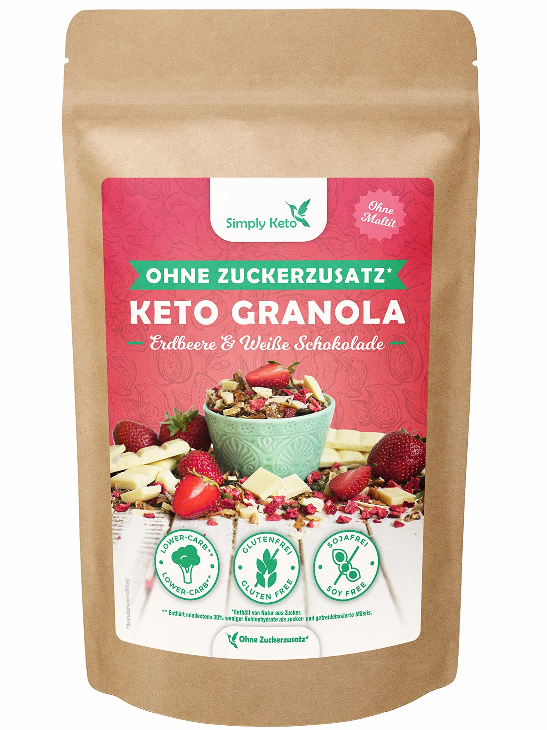 Simply Keto Niski poziom węglowodanów Erdbeer Knusper Granola z białą czekoladą bez dodatku cukru 250g
