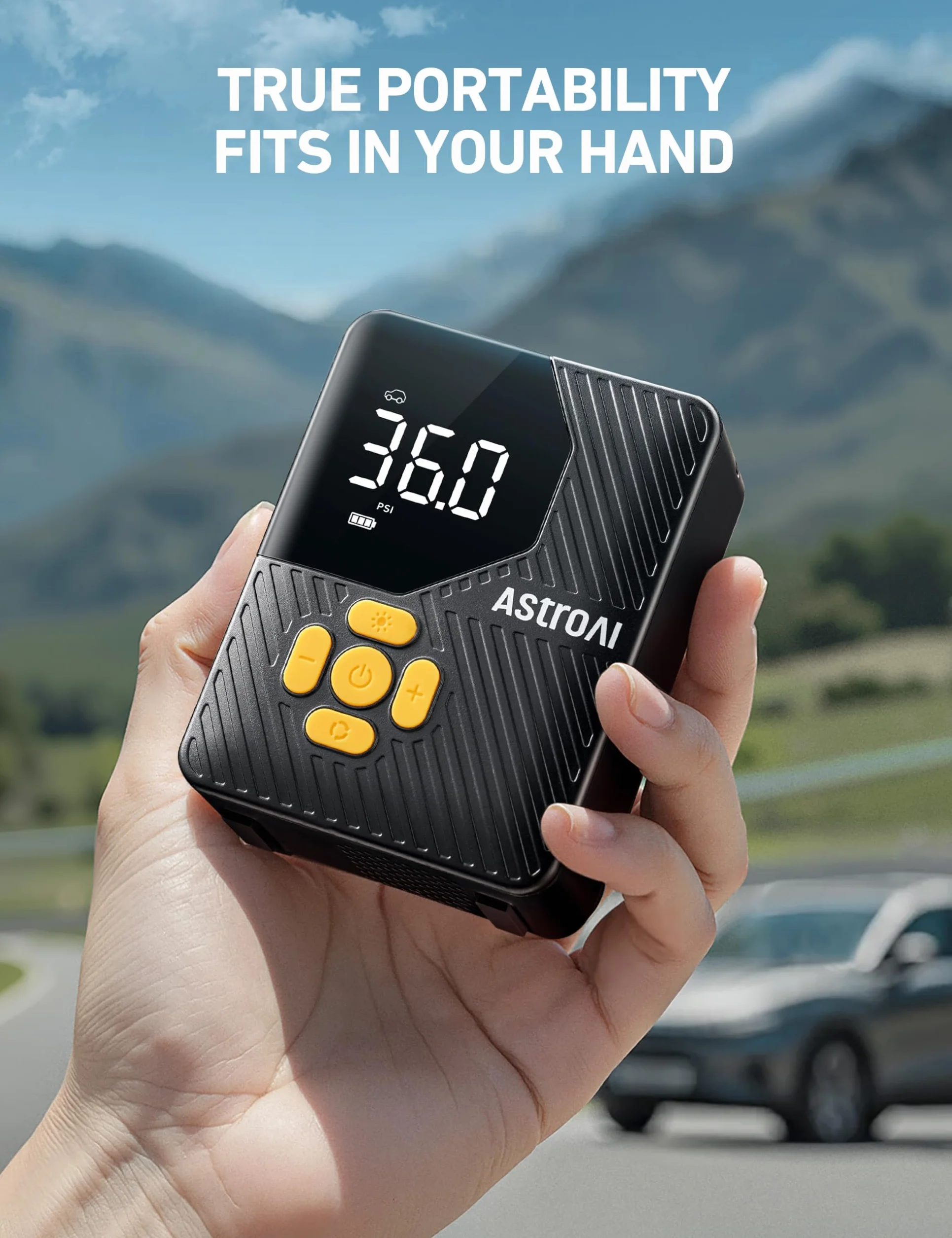 AstroAI L7 Mini przenośna sprężarka powietrza do opon samochodowych i rowerowych, żółta