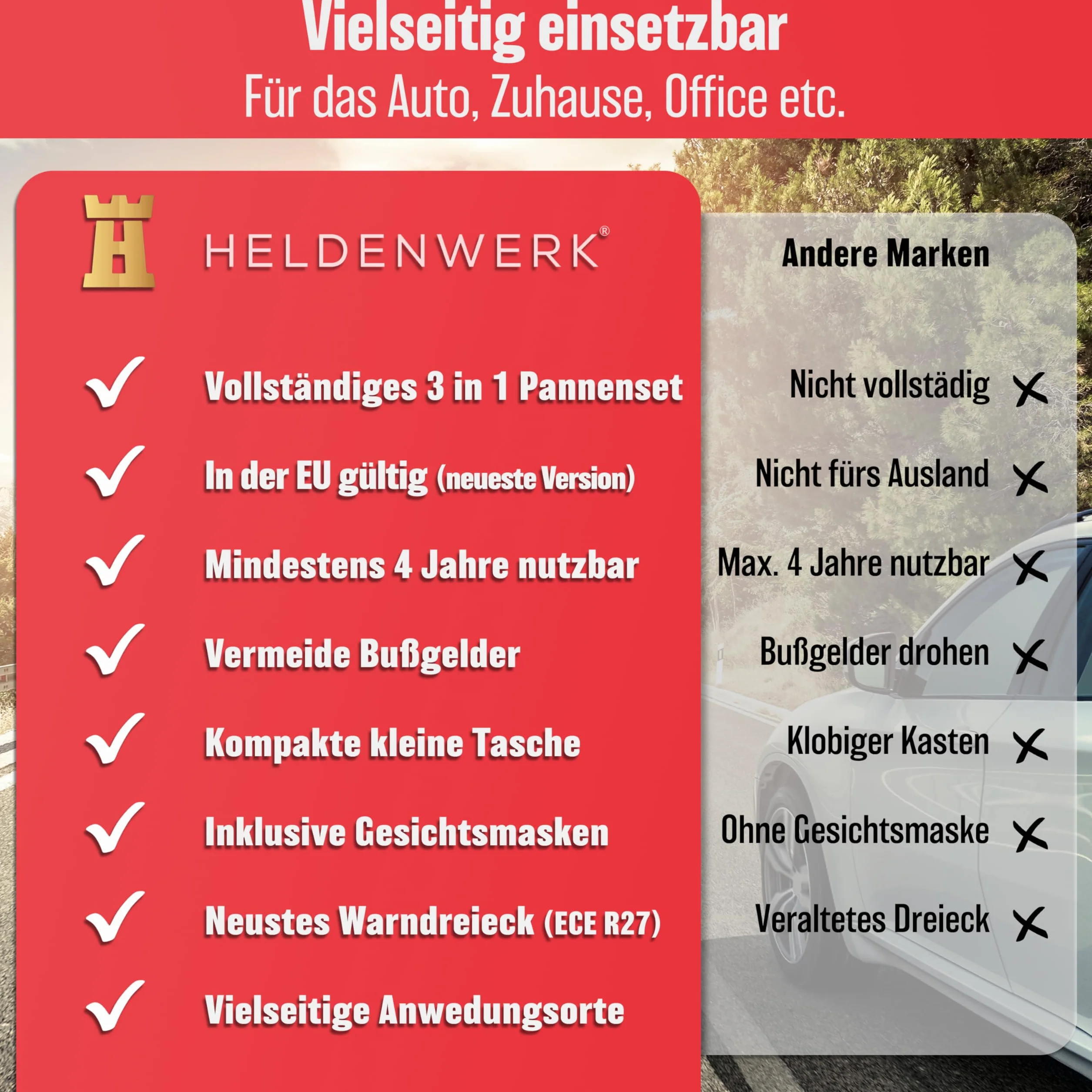 HELDENWERK Zestaw pierwszej pomocy kombi (3 w 1) zgodnie z aktualną normą 2026 – W zestawie trójkąt ostrzegawczy, kamizelka odblaskowa – Zestaw pierwszej pomocy, trójkąt ostrzegawczy, apteczka